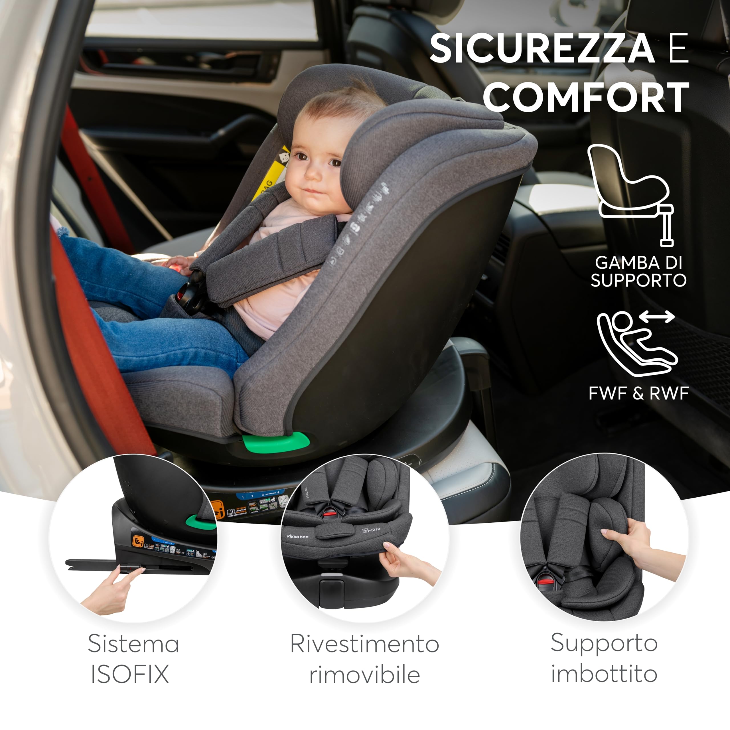 KikkaBoo Seggiolino Auto 0-36 kg (9-36 kg) i-SECURE, Gruppo 0 1 2 3, ISOFIX, i-Size, Rotante a 360º, 40-150 cm, Da 0 a 12 Anni, 12 Posizioni Poggiatesta, Grigio chiaro