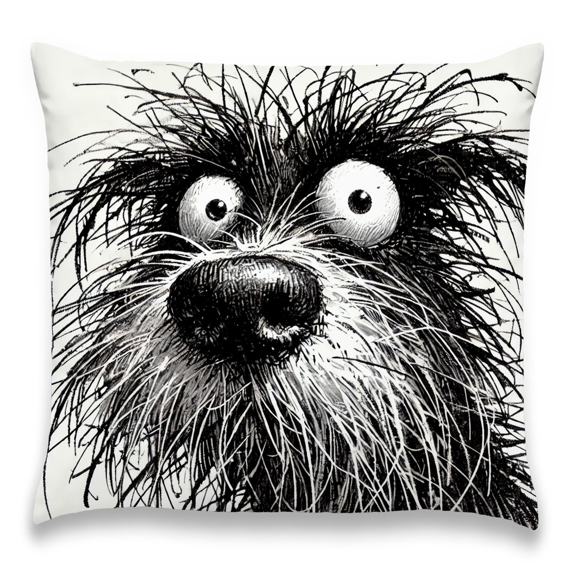 Housse de coussin chien Scruffy en coton style croquis noir et blanc pour salon 45x45 cm