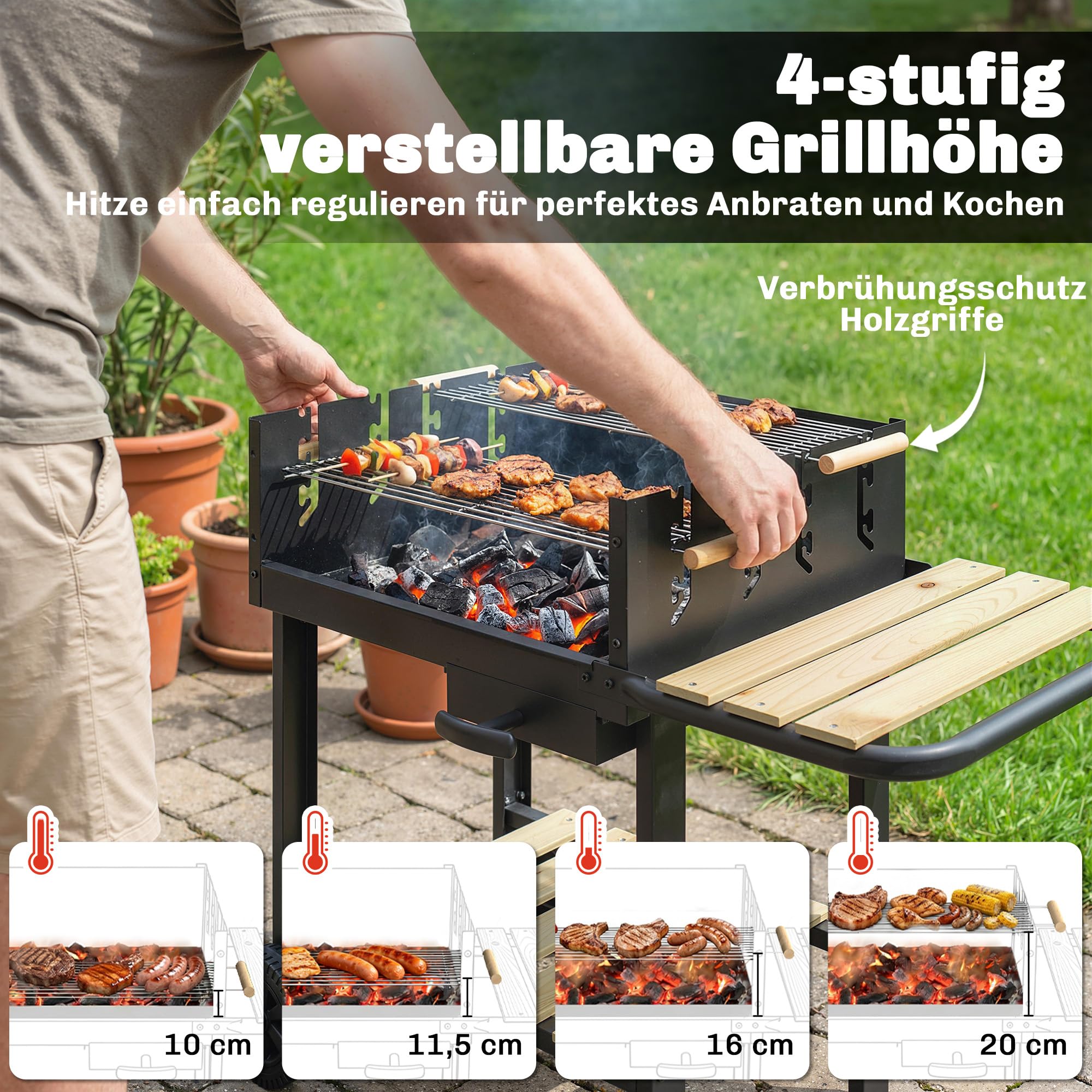 Outsunny Barbecue a carbonella con griglia regolabile in altezza in 4 posizioni, 2 ripiani in legno, 2 ruote, contenitore per cenere, carbone mobile, per 10 persone, per terrazze, picnic, feste, 99,5