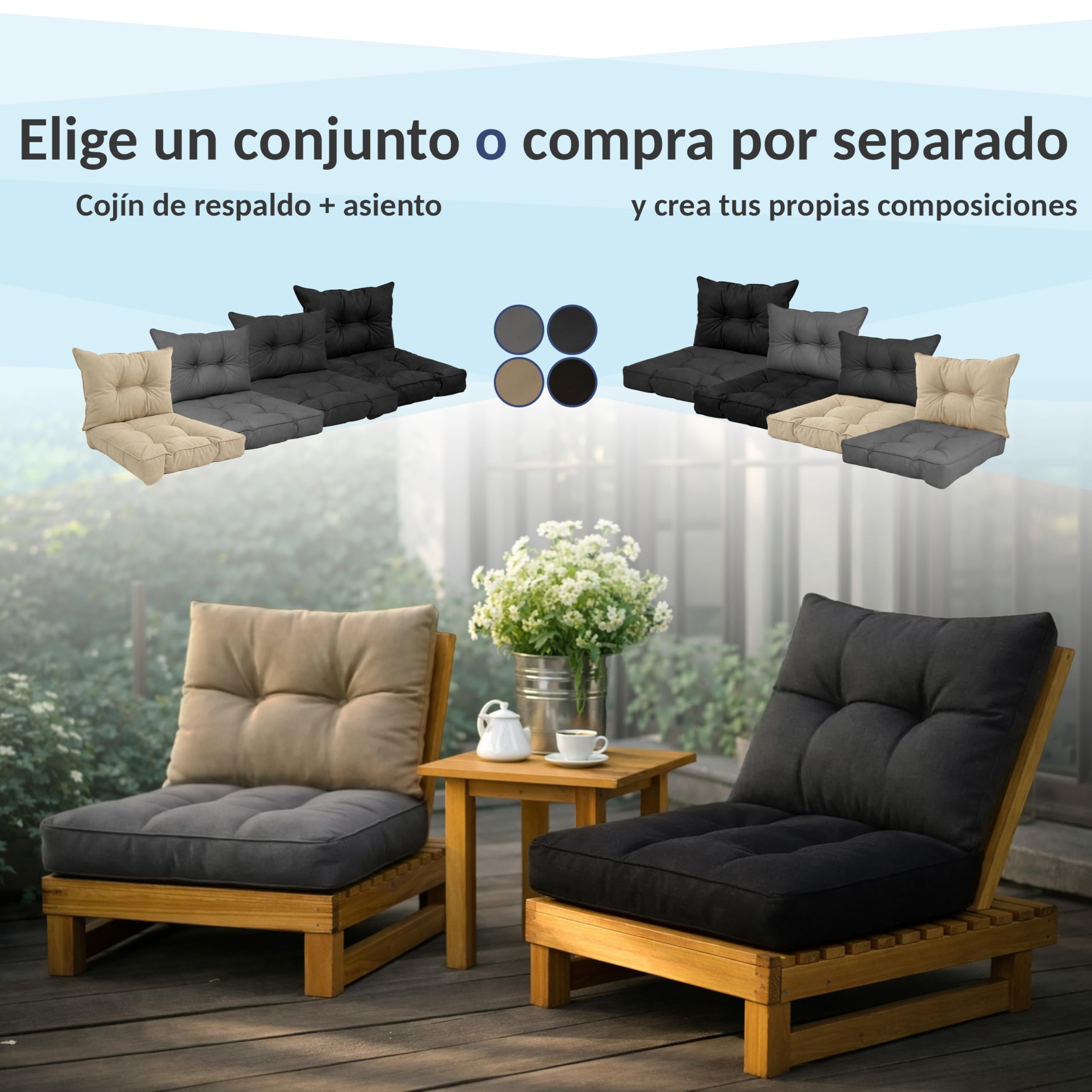 POKAR Set de 2 Cojines para Silla de Exterior: Asiento 50x50x10 + Respaldo 50x40x10 cm | Impermeable y Repelente al Agua | Cojines para Muebles de Jardín, Terraza y Ratán | Made in EU | Beige