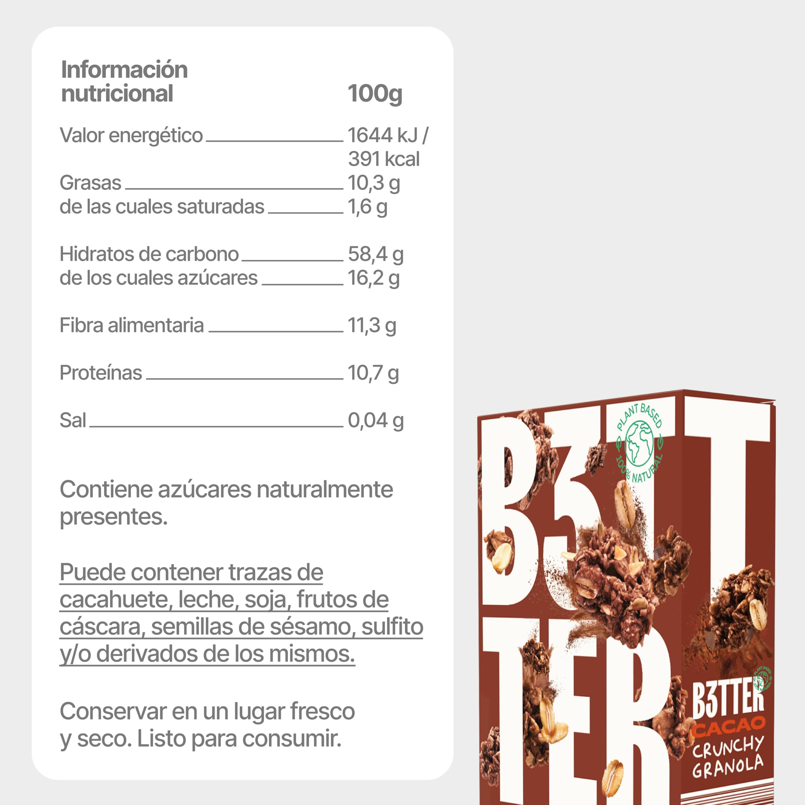 Granola B3TTER Cacao Crunchy Pack 8 x 300 g – Granola Sin Azúcar Añadido 100% Natural - Proteinas Vegetales - Cereales Integrales, Dátiles, Avellanas, Almendras - Rica en Fibra