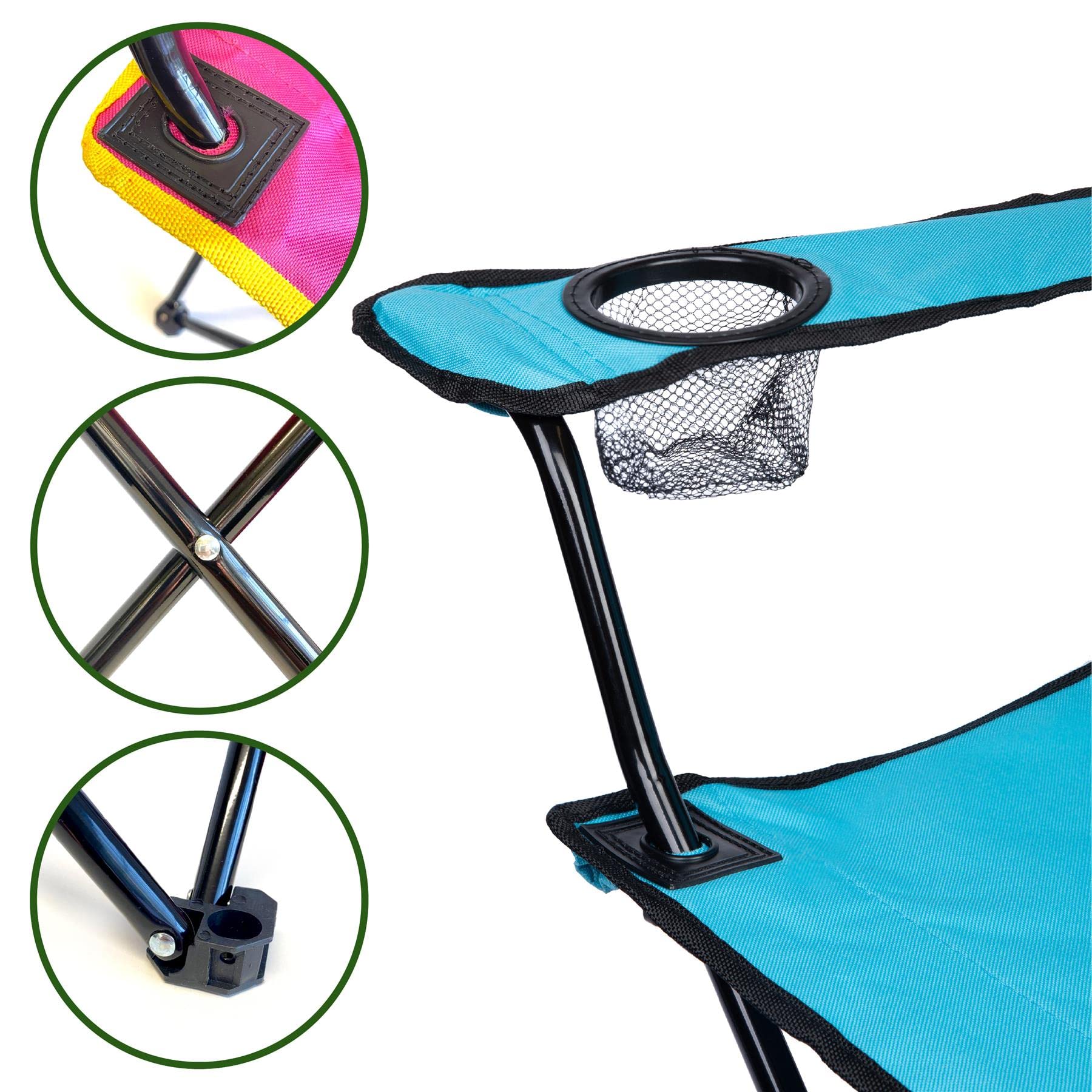 just be... Lot de 2 chaises de camping légères et pliantes avec accoudoirs, porte-gobelet et sac de transport, toile en polyester, cadre en acier tubulaire, bleu clair/bordure noire