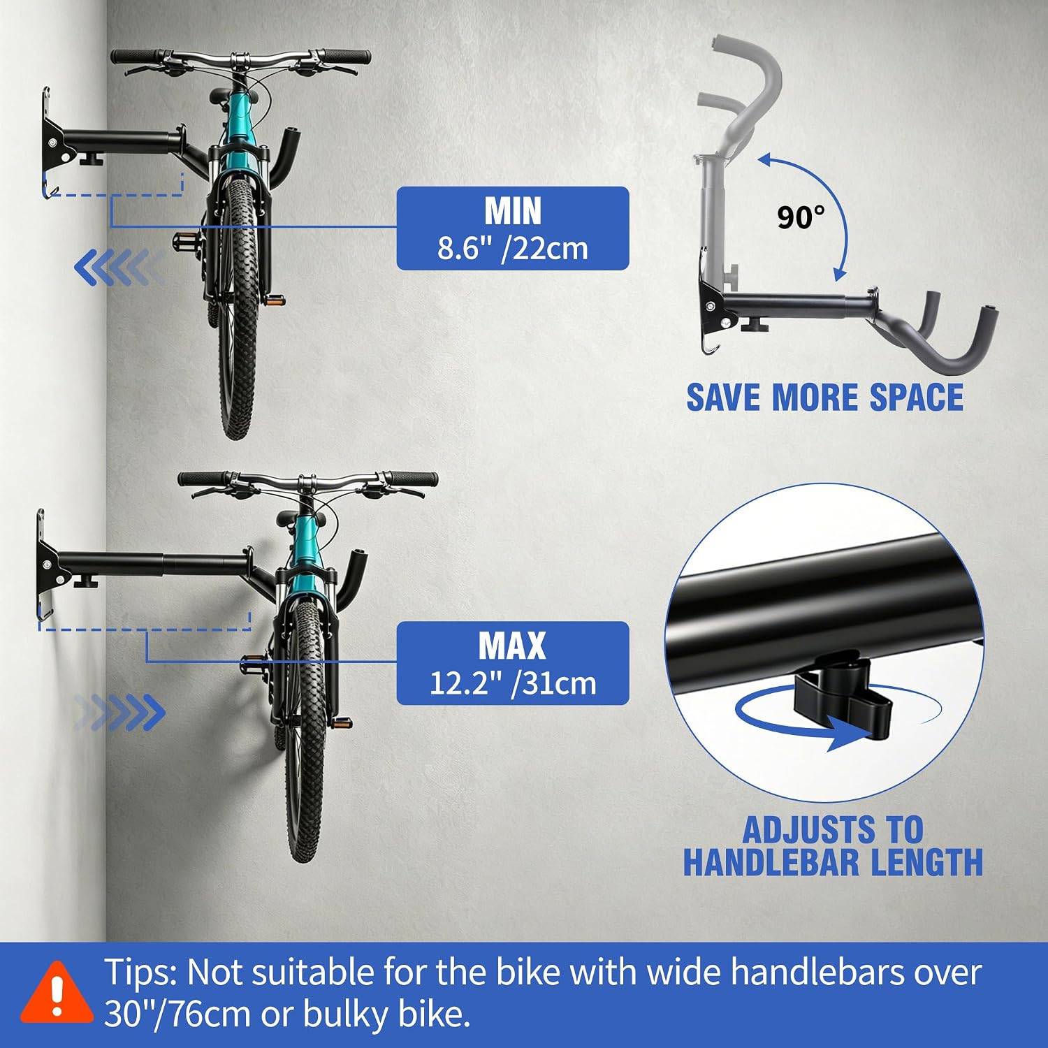 Bike Wall Mount Hanger, Horizontal Bike Rack garage,Cycling Wall Mounted Holder Hook- Heavy-Duty Adjustable Bike Wall Hanger for Road, Mountain and Hybrid Bikes in Garage Apartment & Home