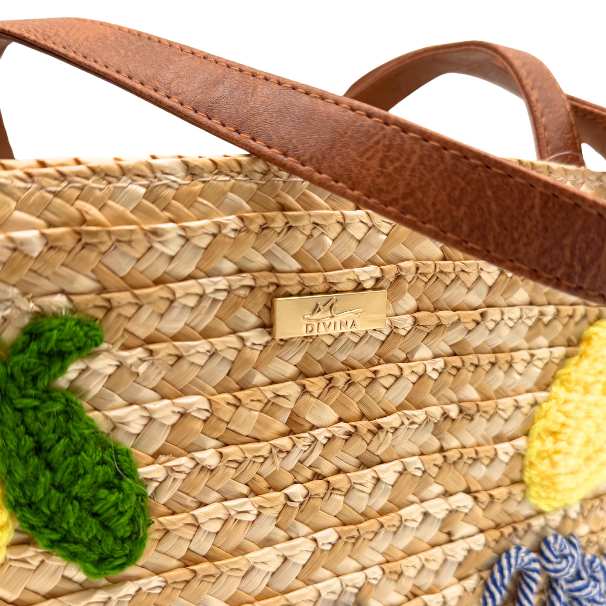 DIVINA Italian Design Borsa in Paglia, Intrecciata, Decorazione Limoni, 57x32x24 cm, Stile Mediterraneo - Limonea Maxi - BAG248