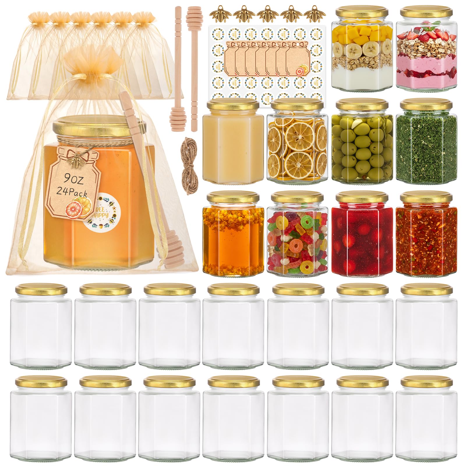 270 ml Hexagon Glass Jars 24Pack with Gold Lids, Airtight for Honey & Jam — image 1