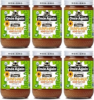 Once Again Organic Creamy Sunflower Hemp Butter with Hemp Oil, 16oz - Lightly Salted & Sweetened - Peanut Free, USDA Organic, Gluten Free Certified, Vegan, Kosher - Glass Jar - Case of 6