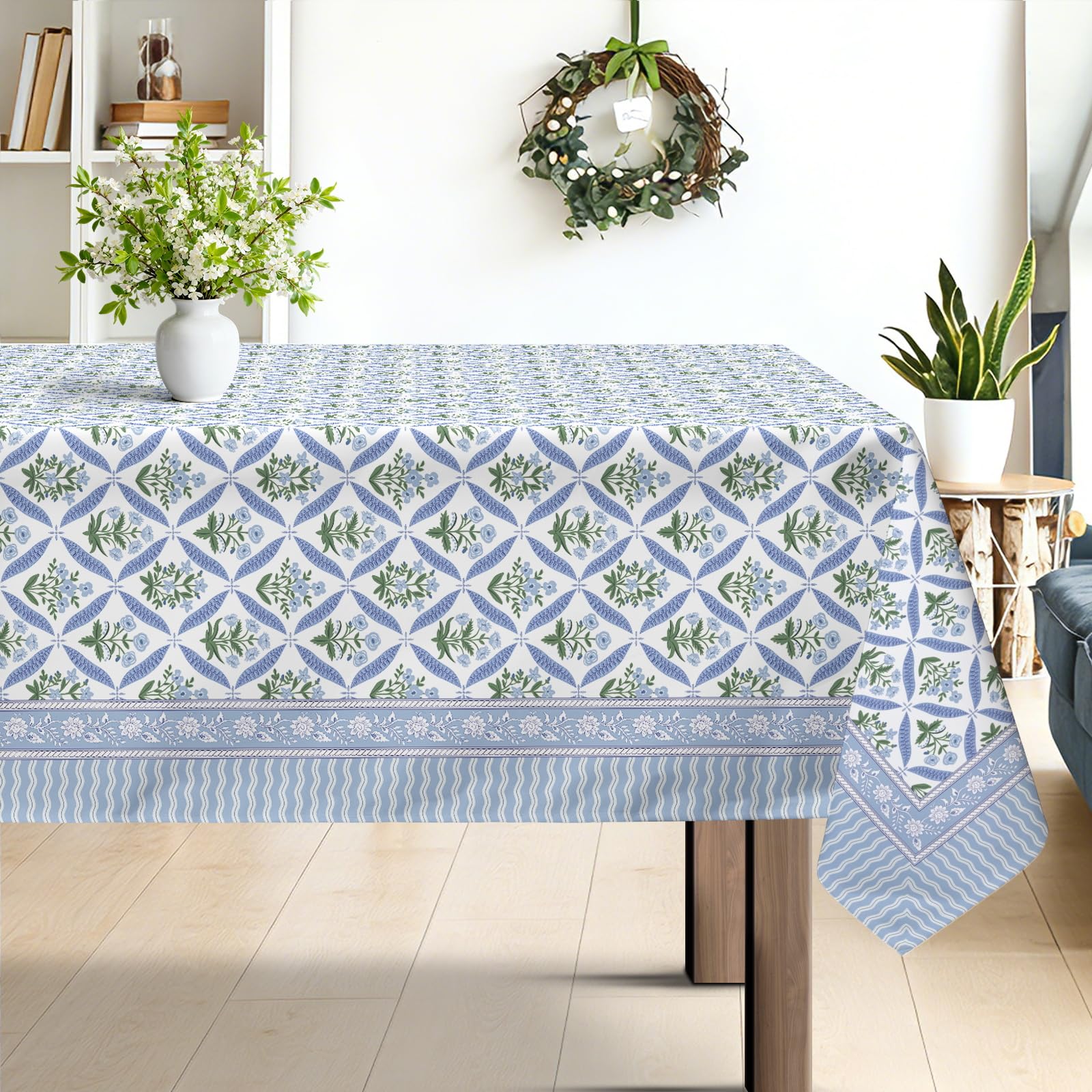 hometrixx Hand Block Print Rectangle Table Cloth Floral Farmhouse Washable Polyester Oil-proof Tablecloth Stain Wrinkle Resistant Table Cover for Party Kitchen Decor Outdoor Picnic, 152 x 213cm Blue
