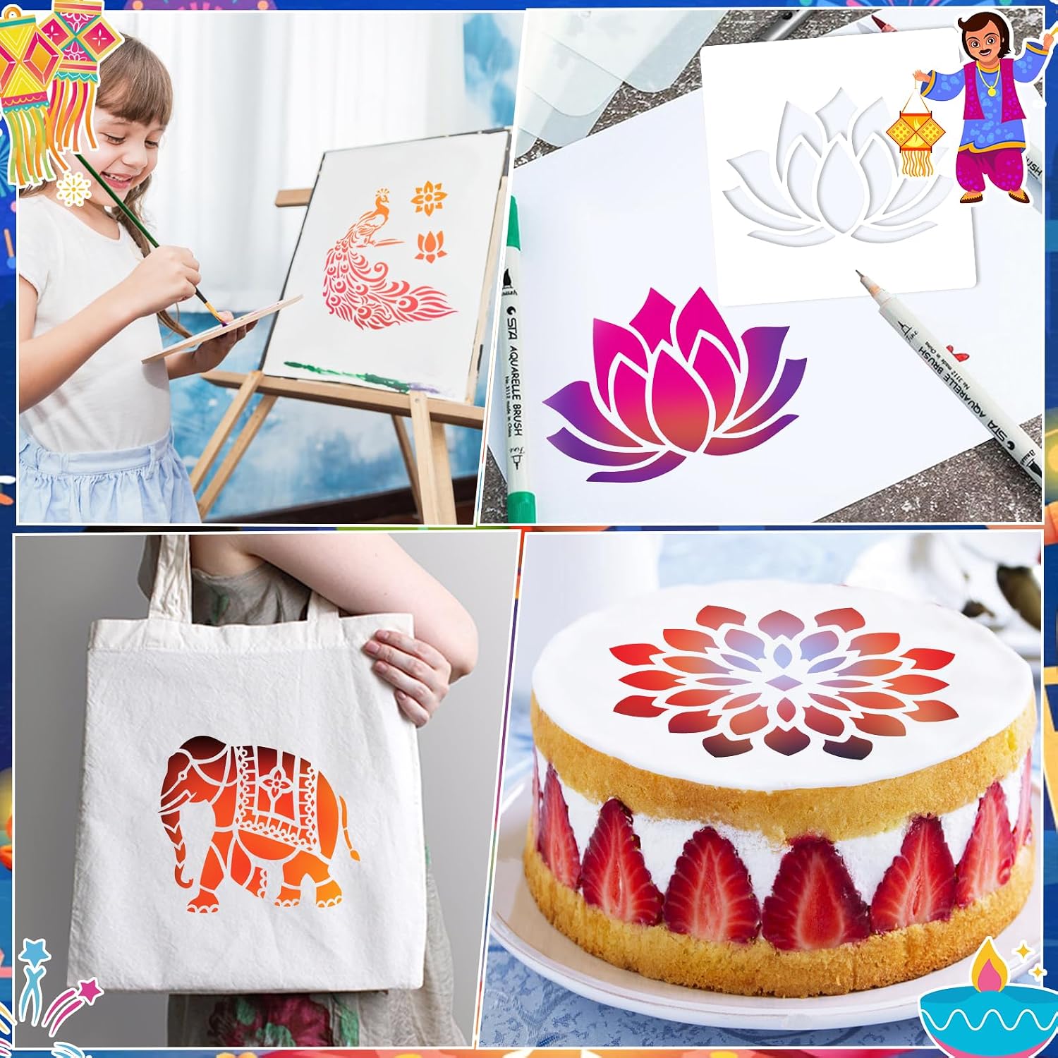 HOWAF 16 Diwali Rangoli Stencils, Reusable Stencils and Templates for Painting Diwali Diyas Pochoir Mandala Stencil DIY Plastic Festival of Lights Stencil for Painting on Wall, Floor, Fabric, Wood image 5