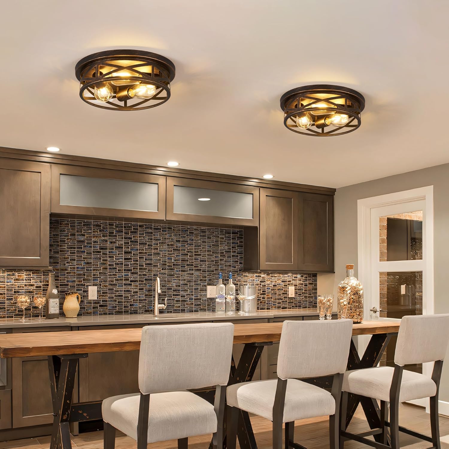 2 Pack Flush Mount Ceiling Light, 3-Light Close to Ceiling Light Fixtures, 13 Inch Farmhouse Cage Style Ceiling Lights for Bedroom, Living Room, Porch Kitchen (Black + Gold)