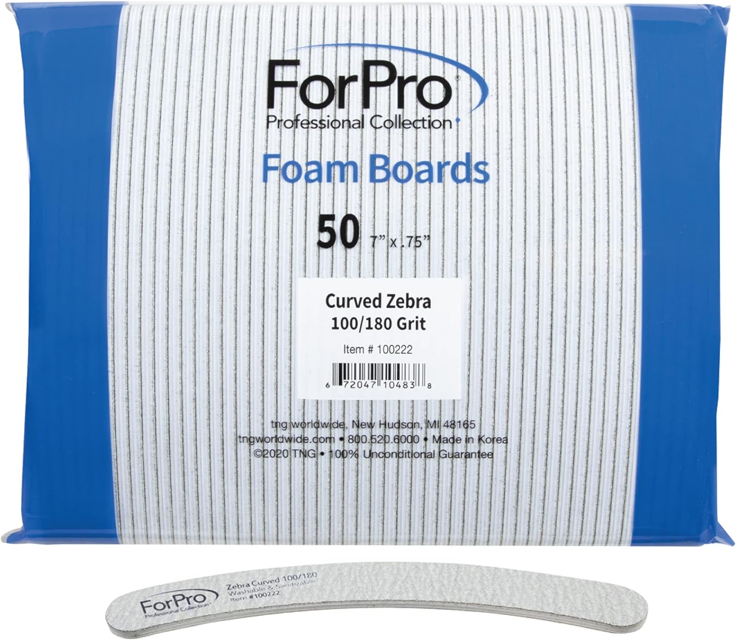 ForPro Professional Collection Zebra Curved Foam Board, 100/180 Grit, Double-Sided Manicure and Pedicure Nail Files, 7” L x .75” W, 50-Count
