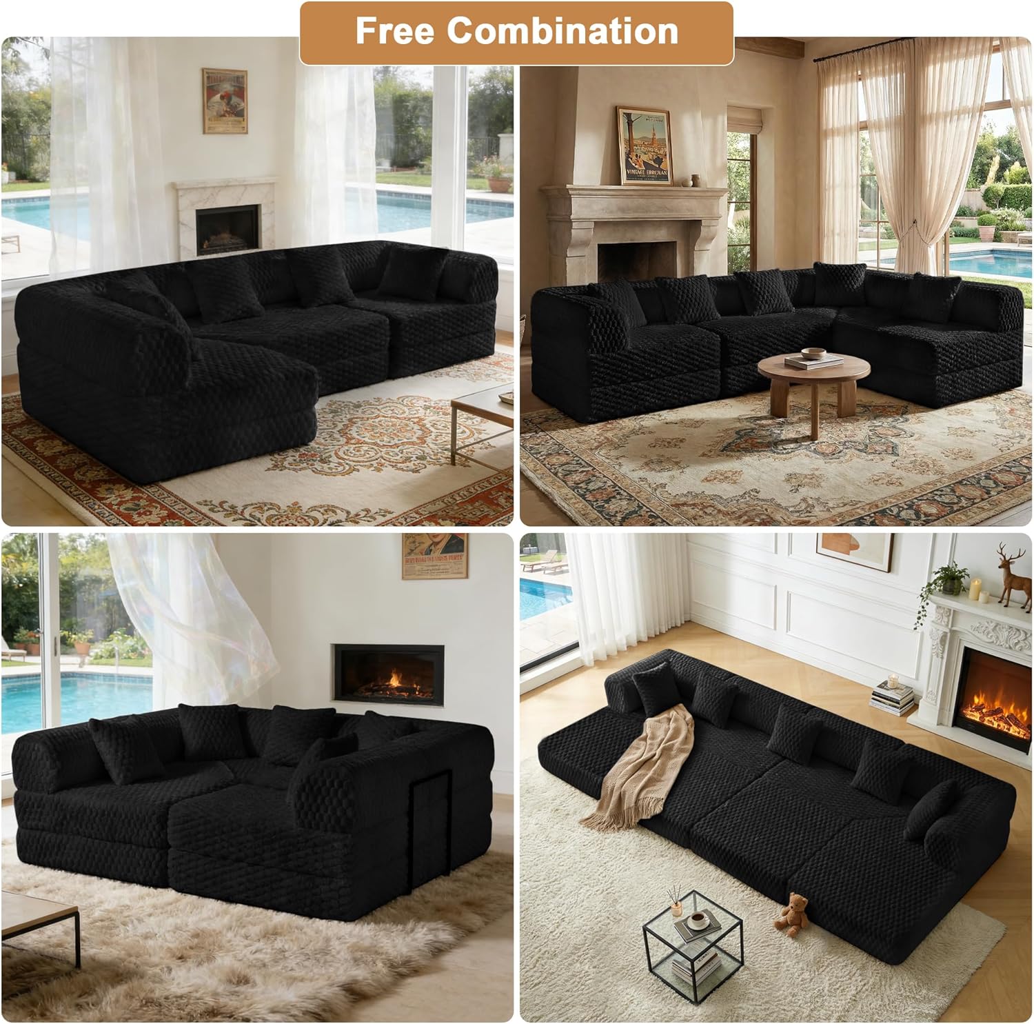 109" L Shaped Modular Sectional Sofa, Convertible Sleeper Sofa Bed,Velvet Foldable Sofa Couch with Fixed-Shape Frame,Floor Mattress Boneless Couches for Living Room-No Assembly (Black) | High-Density Sponge