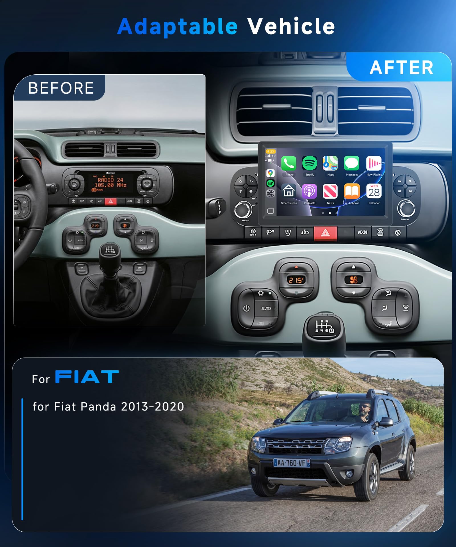 VECHTEL 4G+64G Autoradio Android 15 per FIAT Panda 2013 2014 2015 2016 2017 2018 2019 2020, 7 Pollice HD Schermo Auto Radio co Carplay Android Auto senza Fili GPS WiFi USB Bluetooth FM RDS Retrocamera