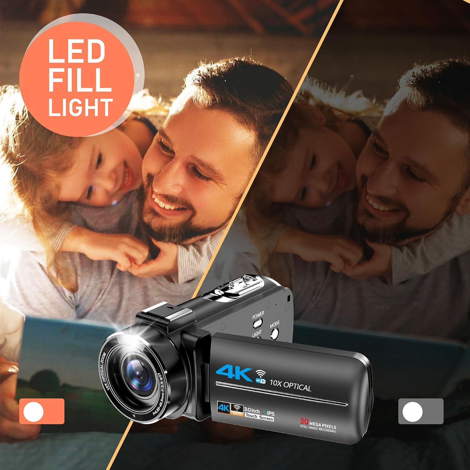 Image showing the effect of the LED fill light in a low-light setting, illuminating a father and child.