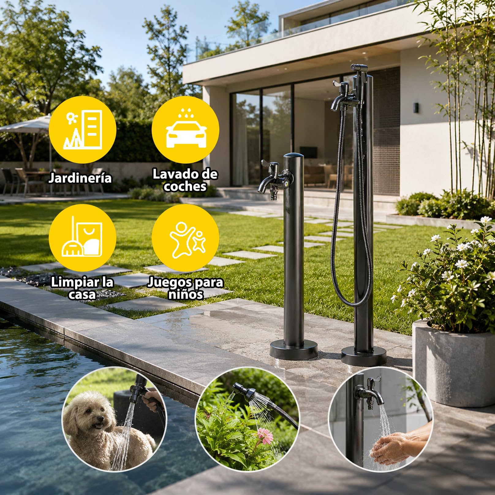 Grifo Exterior Decorativo a Prueba de Heladas, Grifo de Manguera de Jardín, Columna Agua Jardín Acero Inoxidable, Estación Dispensadora de Agua para Riego y Lavado 95cm