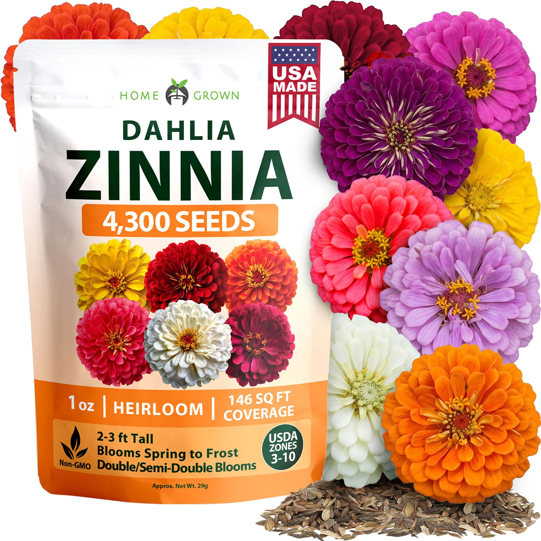 HOME GROWN Zinnia Seeds Dahlia Mix - 4300 Seeds, Zinnia Elegans