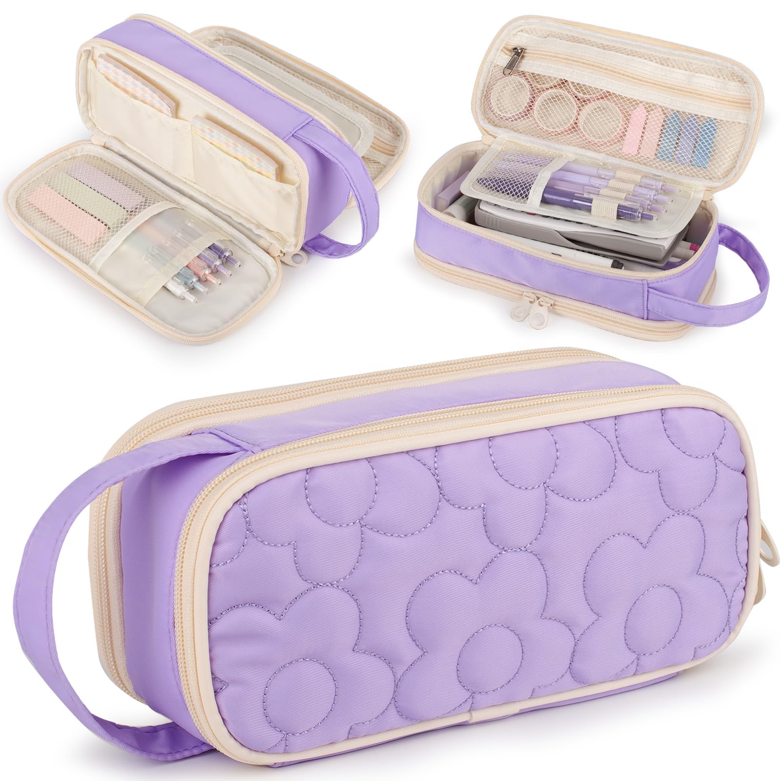 Bunnychill Pencil Case For Girls,Flower Quilted Large Capacity Pencil Pouch With 2 Compartment, Zipper Pencil Bag With Handle, Women Soft Pencil Box For Middle School Office College