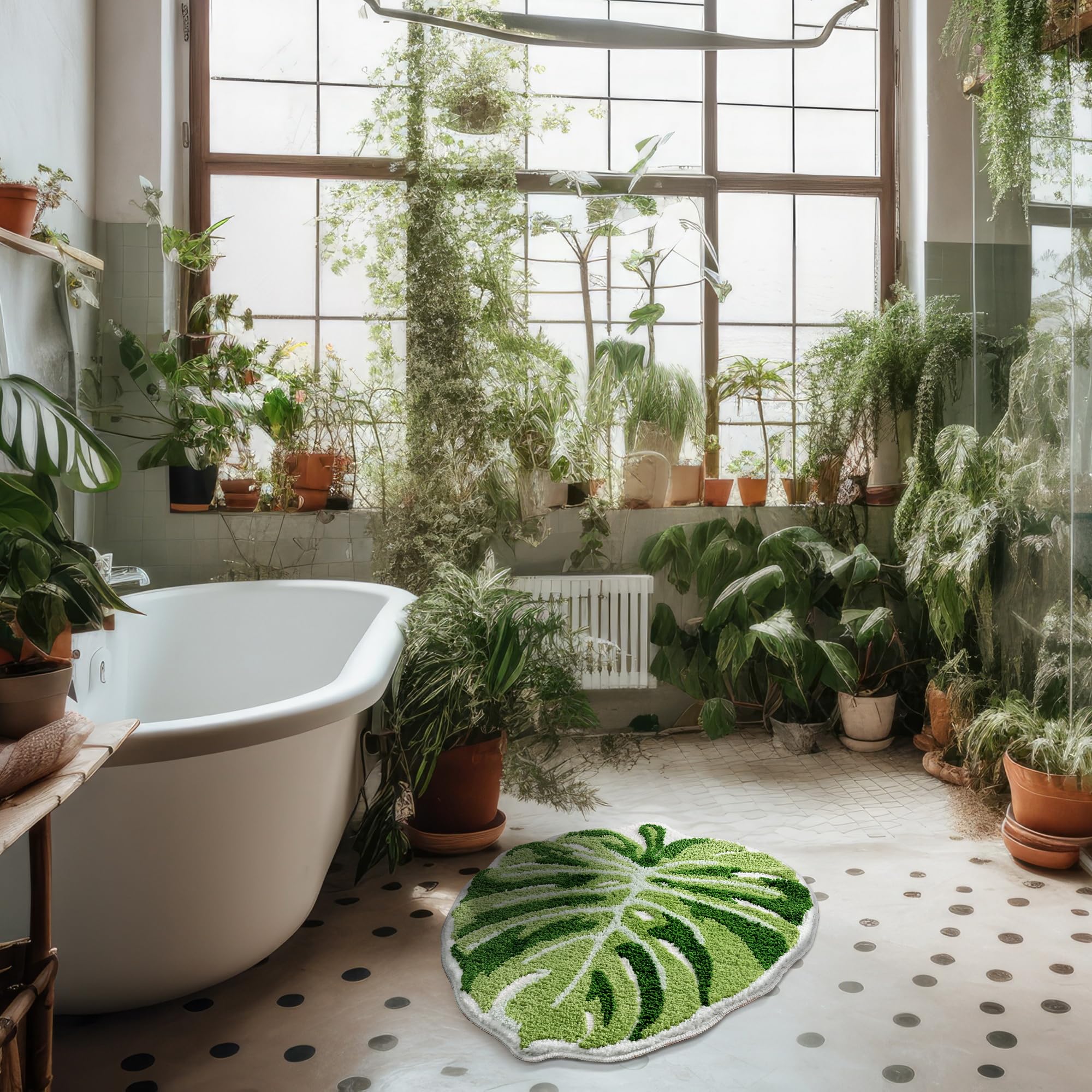Panstar Green Leaf Mat, Large Monstera Cute Non Slip Palm Shaped Plush Fun Kitchen, Bathroom Bathtub Rugs Machine Washable: 2'2" x 2'8" (Leaf)