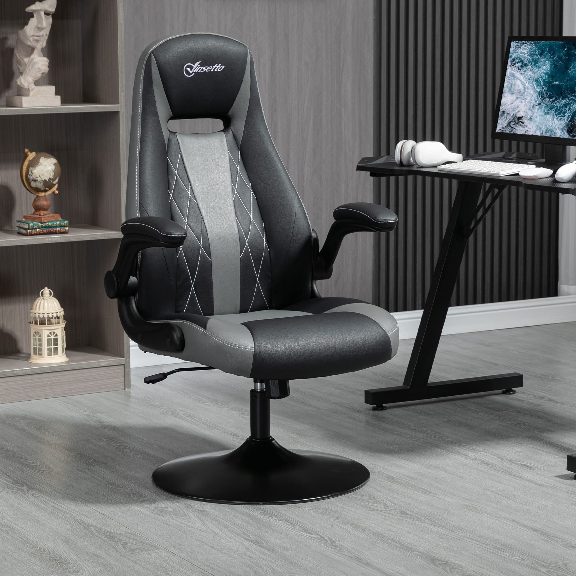 Vinsetto Chaise de Gaming Ergonomique avec Base Ronde métal pivotante 360° Hauteur réglable têtière accoudoirs relevables PVC Gris Noir