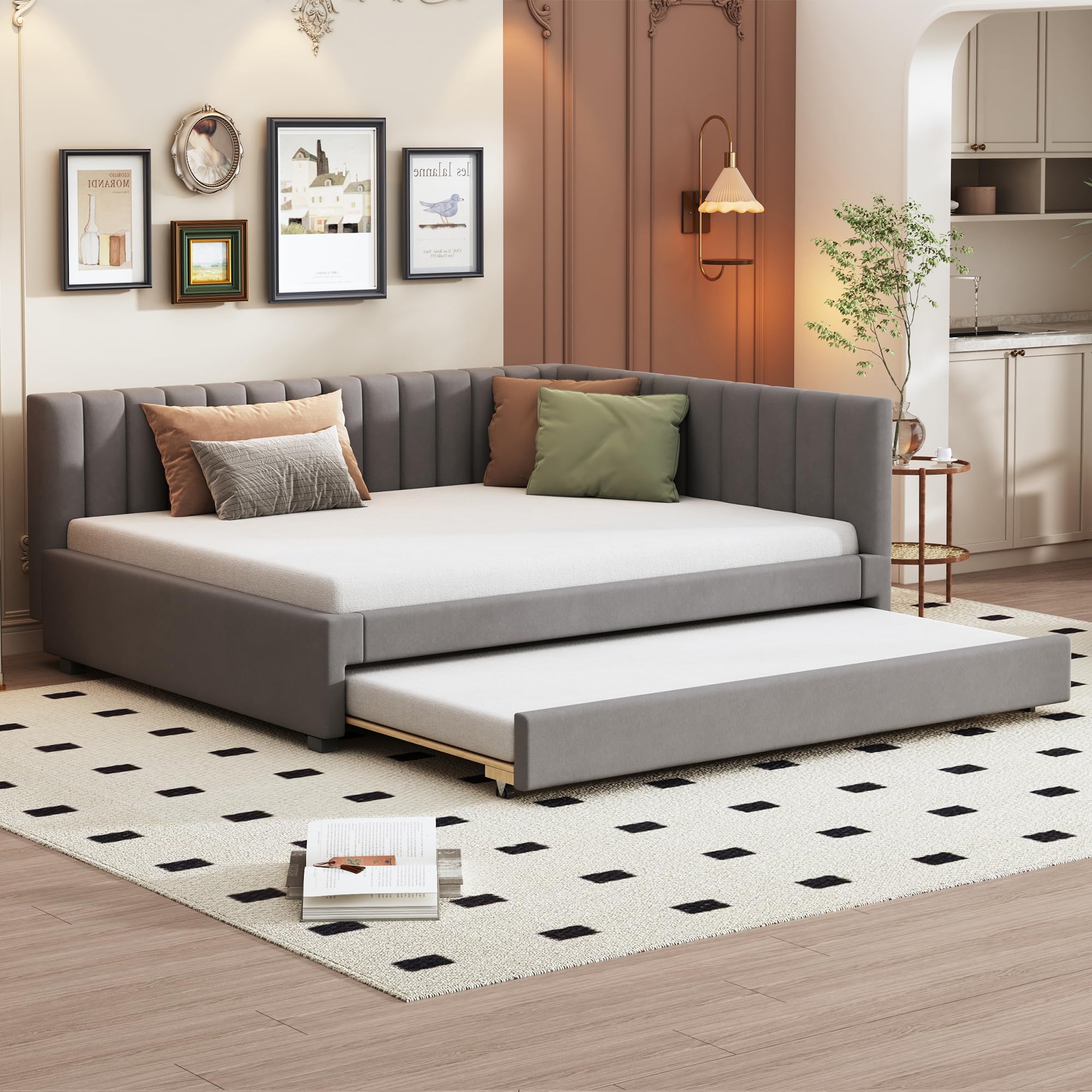 Polsterbett 140x200, Ausziehbares Schlafsofa,Sofabett, Multifunktionsbett mit Lattenrost, Jugendbetten Kinderbetten Gästebetten, Zwei betten, Schlafcouch, Funktionsbett Beige (Grau-140)