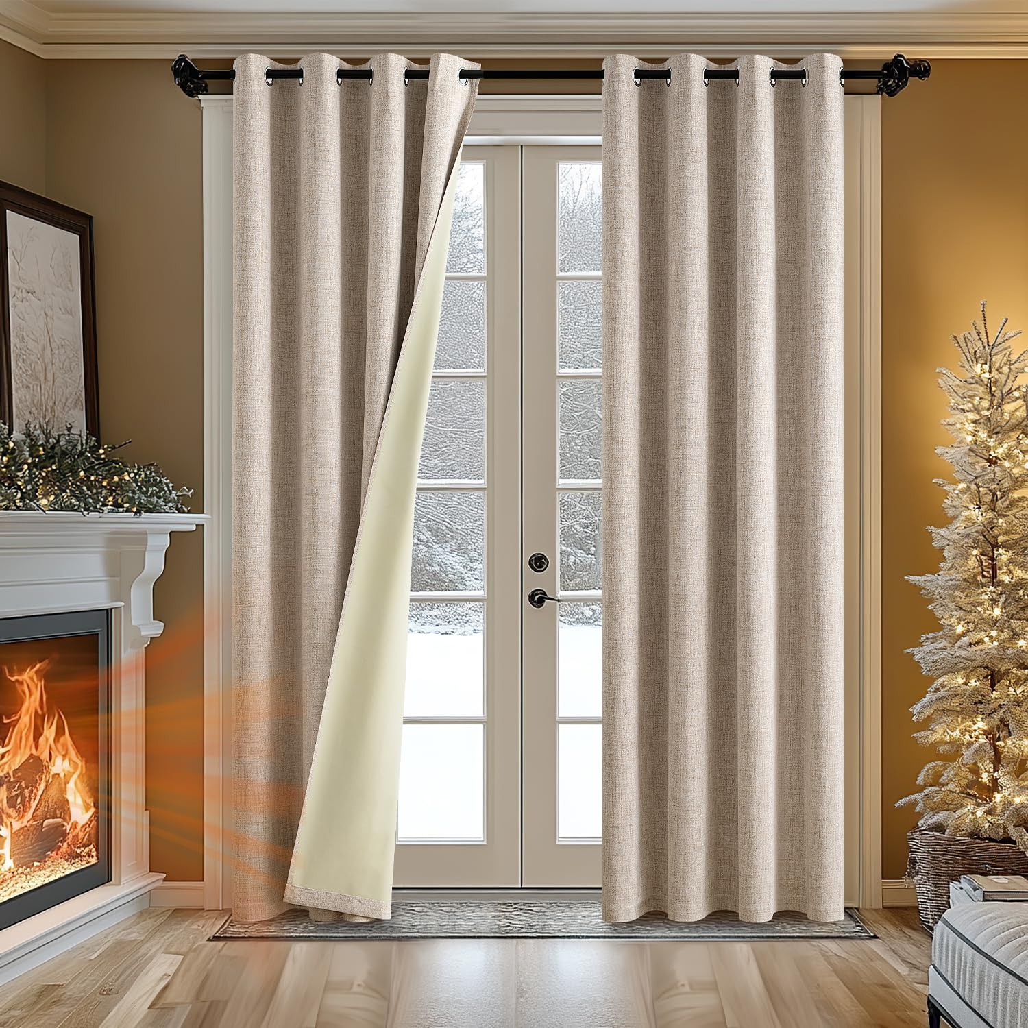 MIULEE Cortinas Opacas Cortinas Aislantes Térmicas con Ojales 100% Opacas Cortinas de Lino Sala de Estar Protección contra el Frío Cortina Blackout Juego de 2, 140 x 225 cm Beige