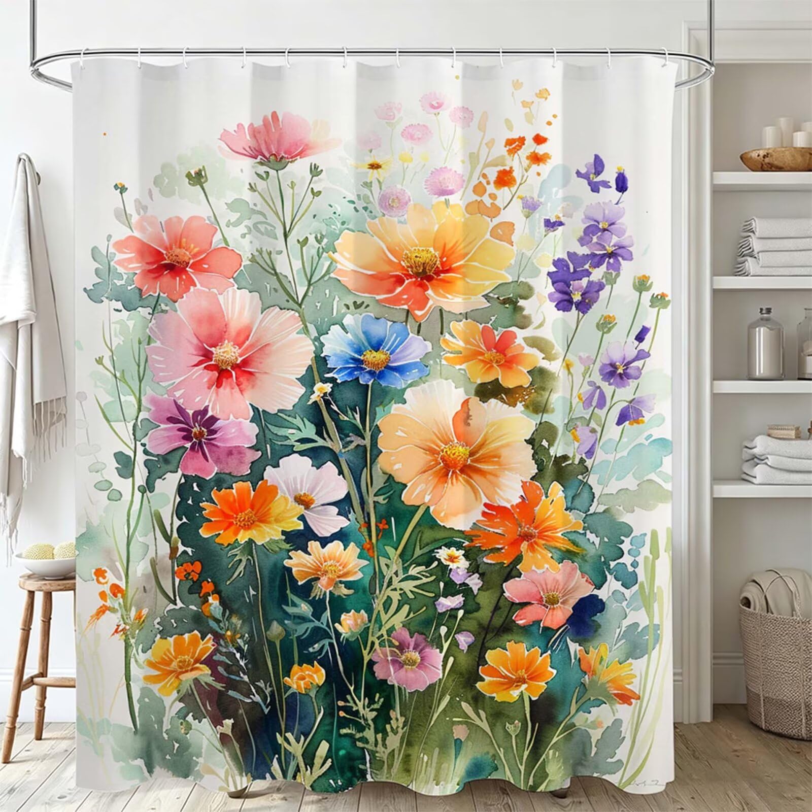 Duschvorhang 200x250cm, Duschvorhang Badewanne Beige, Shower Curtain mit Ösen und 12 Duschringen, Beschwerter Saum, Maschinenwaschbar, Schnell Trocknend, Wasserdicht Polyester, Blumenbeet J-740