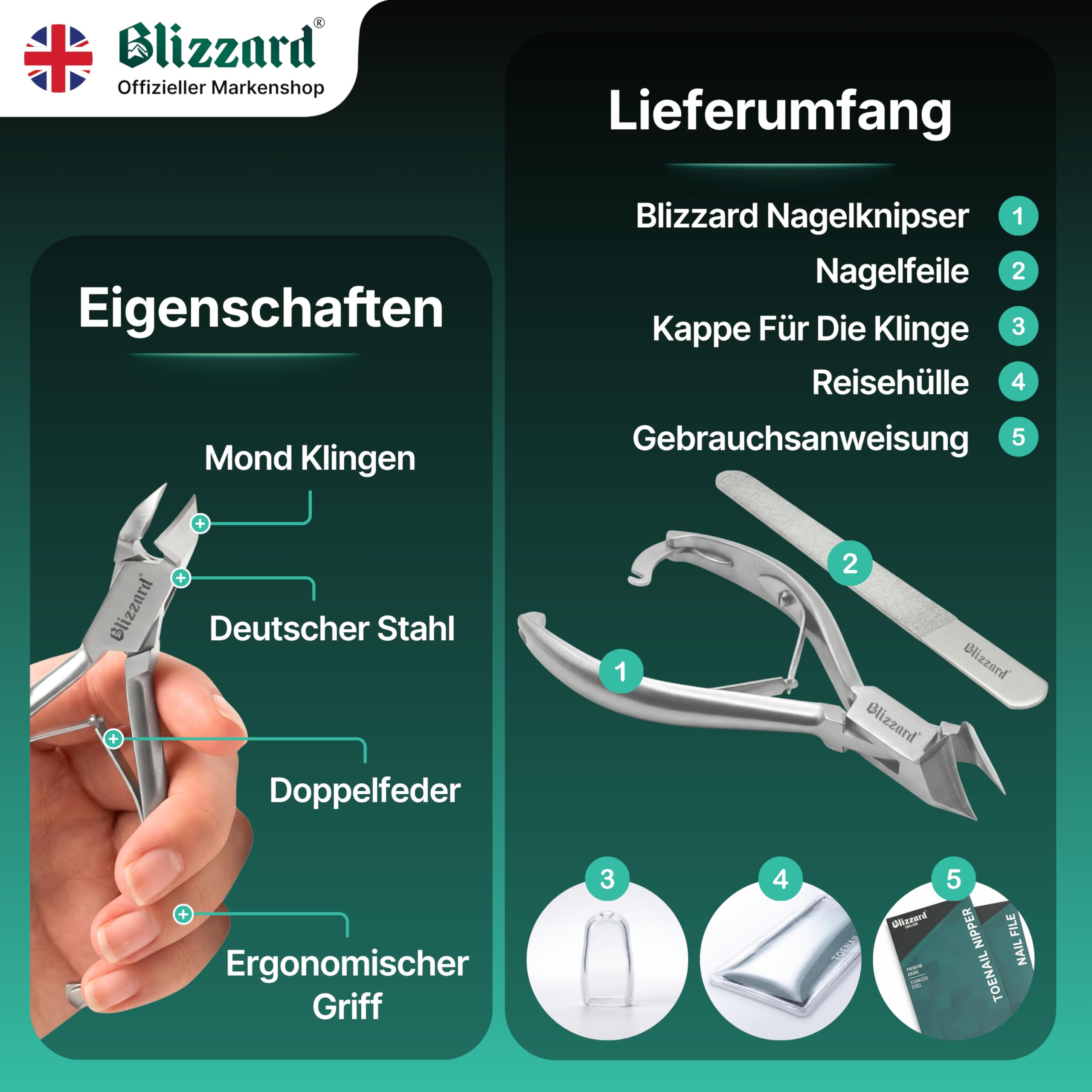 Blizzard Nagelzange für Fußnägel – Nagelzange mit Kopfschneider für dicke & eingewachsene Zehennägel – Profi Pediküre Fußpflege Werkzeug aus Edelstahl inkl. Metall Nagelfeile – 13,5 cm