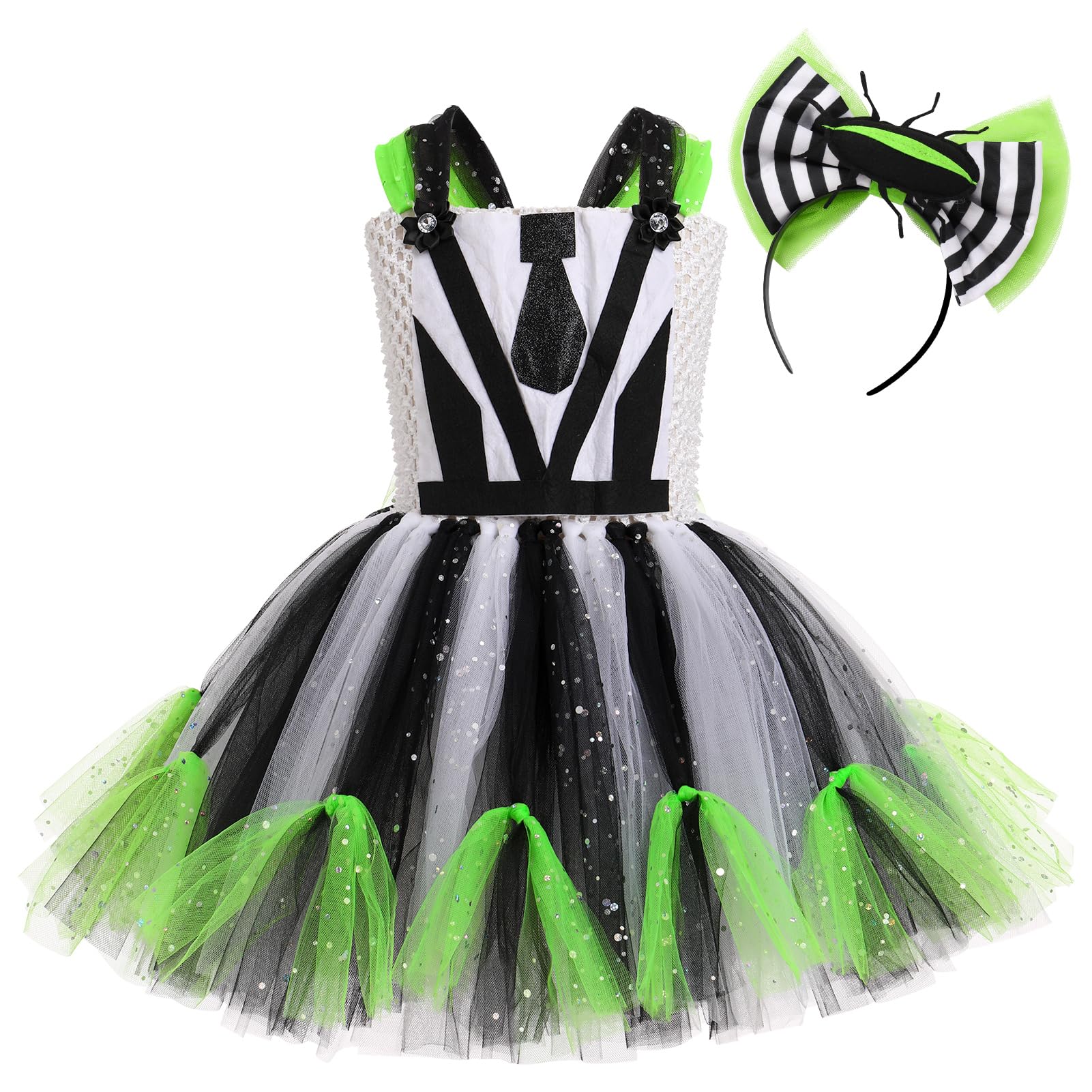 AGYMNX Girls Beetle Tutu Dress with Headband, 2pieces Halloween Costume Girl, Kids Carnival Cosplay Fancy Costume, Beetle Dress Up Party Outfits Set Black and white 4-5Y