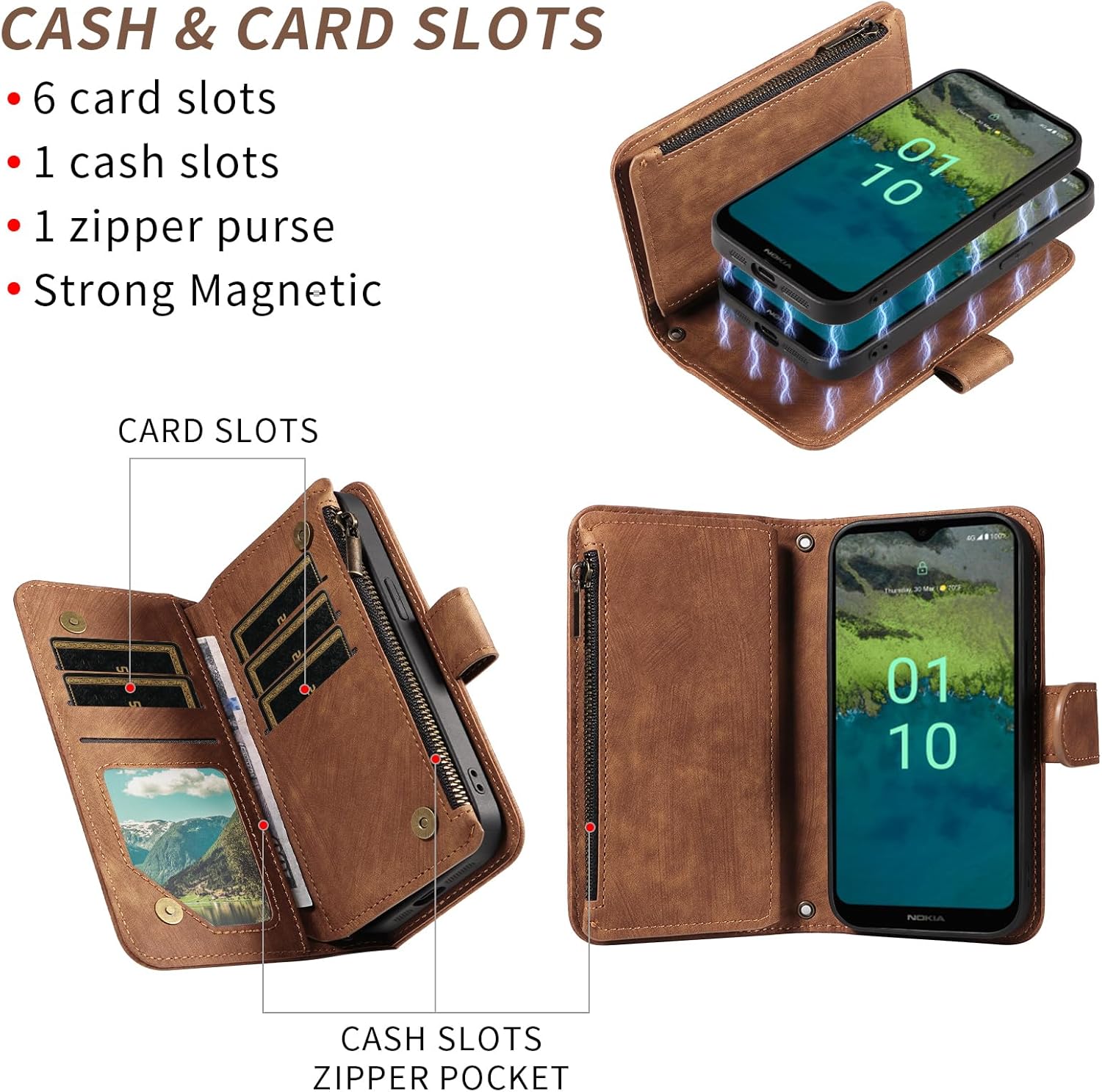 Asuwish Phone Case for Nokia C110 Zipper Wallet Detachable Magnetic Cell Cover with Tempered Glass Screen Protector Crossbody Lanyard Strap Flip Card Holder Slot C 110 4G N156DL Women Men Girls Brown