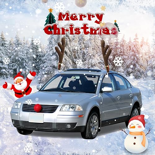 Miniatura 5 de Car Christmas Reindeer Antler Decorations, Vehicle Christmas Car Decor Kit with Jingle Bells Rudolph Reindeer and Red Nose, Xmas Gift Set (Brown)