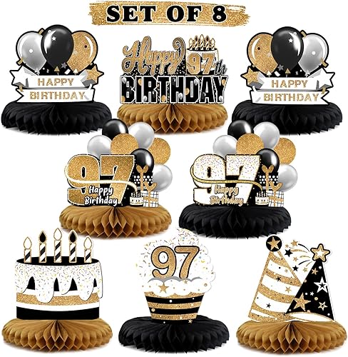 Miniatura 121 de LINGTEER Decoración feliz 50 cumpleaños negro y dorado de papel para mesa - Juego de centros de mesa con estrella de pastel y globo, 8 piezas