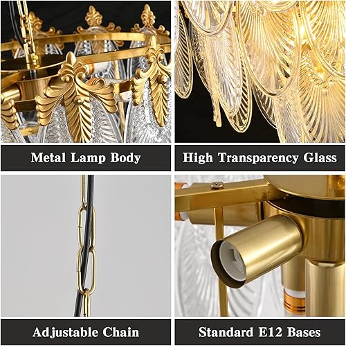 Miniatura 4 de Modern Large Crystal Chandelier, 4-Layer Gold Glass Chandelier, 12 Light Round Antique Ceiling Pendant Light, 31.5 Inchs Adjustable Height for
