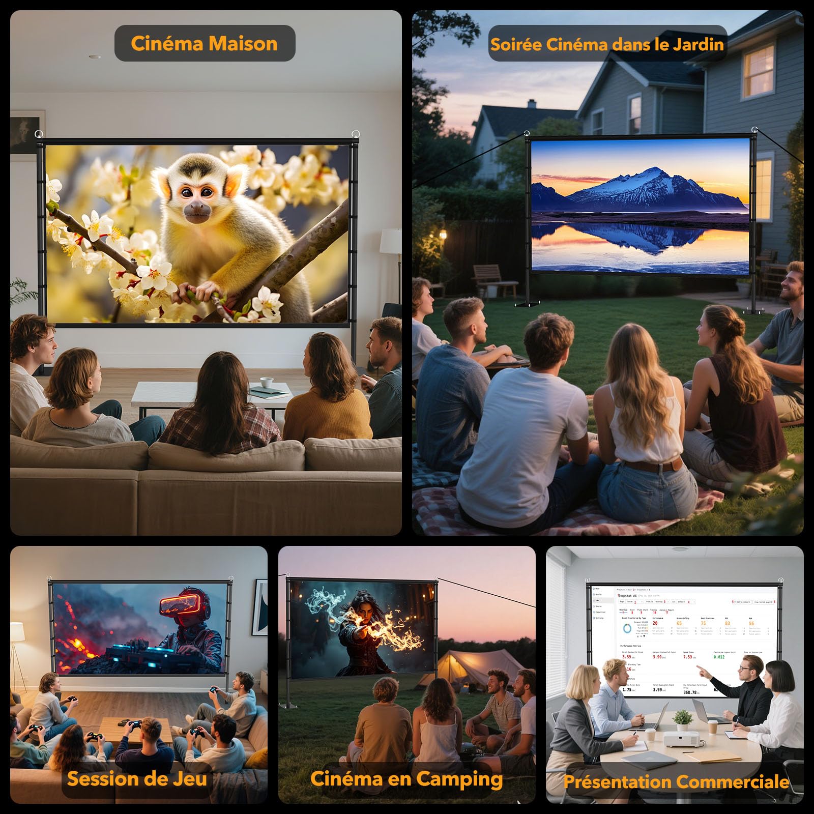 Écran de Projection Extérieur sur Pied LEORFI 120 Pouces Portable - Support Renforcé, Toile HD 4K 16:9 sans Plis - Projection Avant/Arrière - Sac de Transport Inclus pour Cinéma Maison Jardin