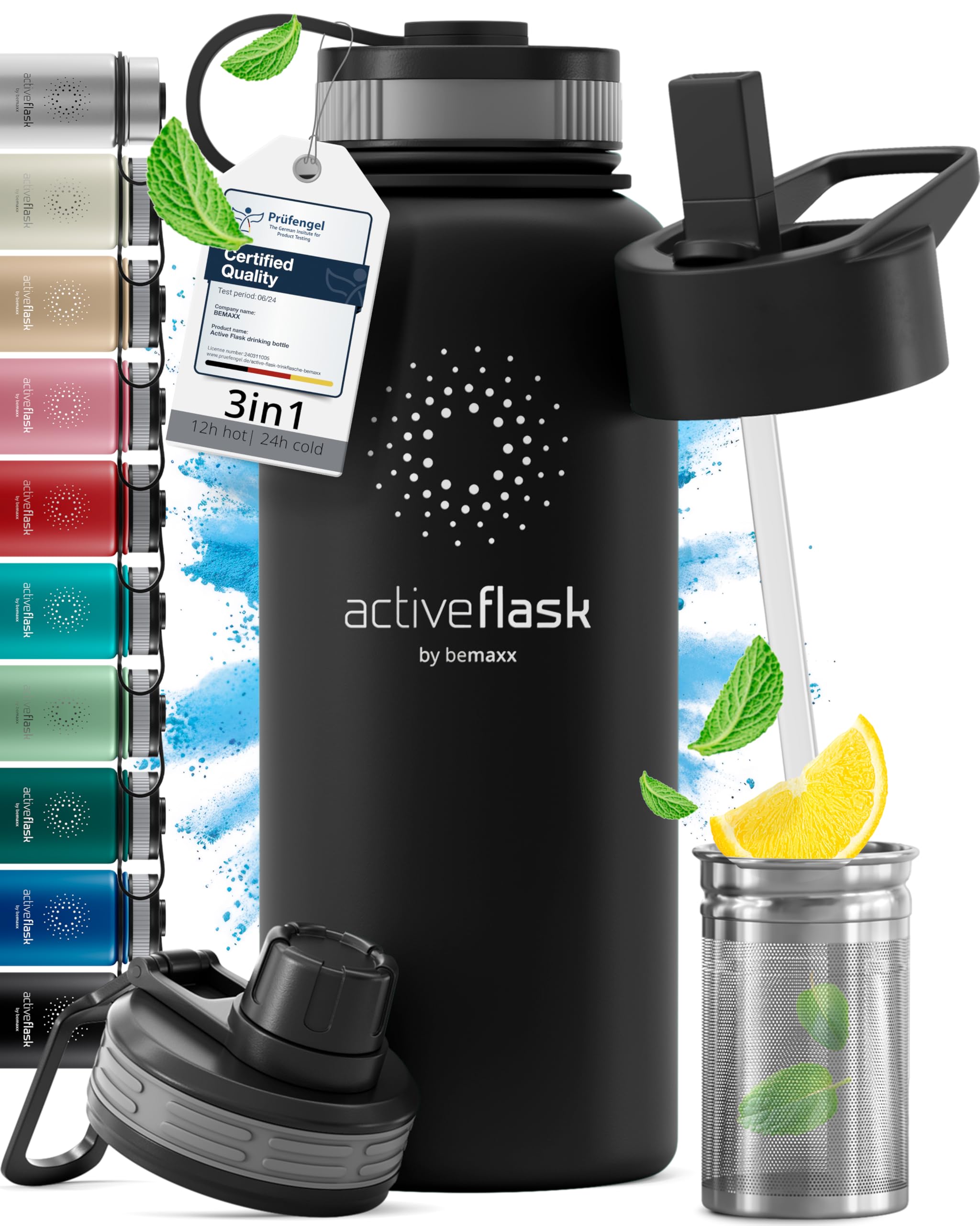 Bottiglia Acqua Termica INOX ACTIVE FLASK + Cannuccia (3 Tappi), Senza BPA, 1l/500ml | Borraccia Isotermica Acciaio - Caldo/Freddo, Ufficio Outdoor Sport Bicicletta viaggio fitness, Caffe Te