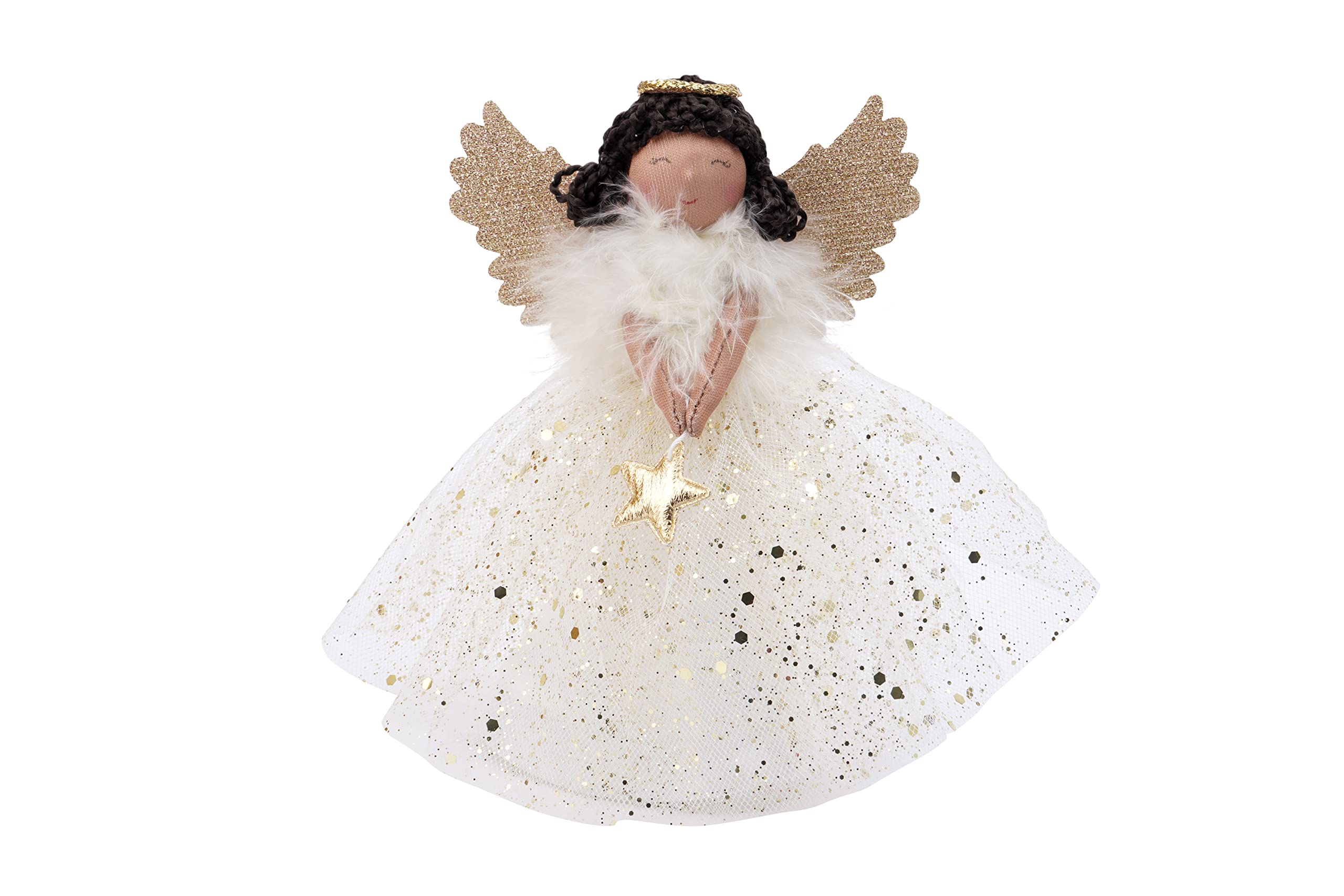 Gold Dark Haired Angel Light Up Tree Topper 18cm | Battery Powered Xmas Decor