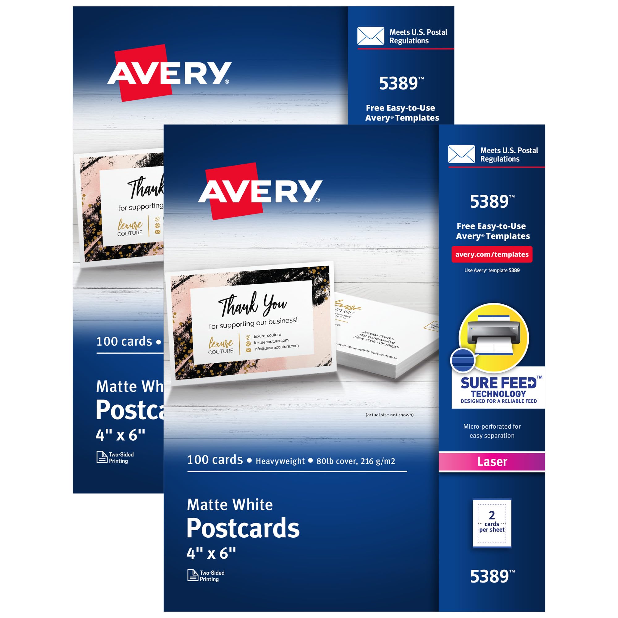 Avery Printable Postcards with Sure Feed Technology, 4" x 6", White, 2 Packs, 100 Cards per Pack, 200 Blank Postcards for Laser Printers Total (15389)