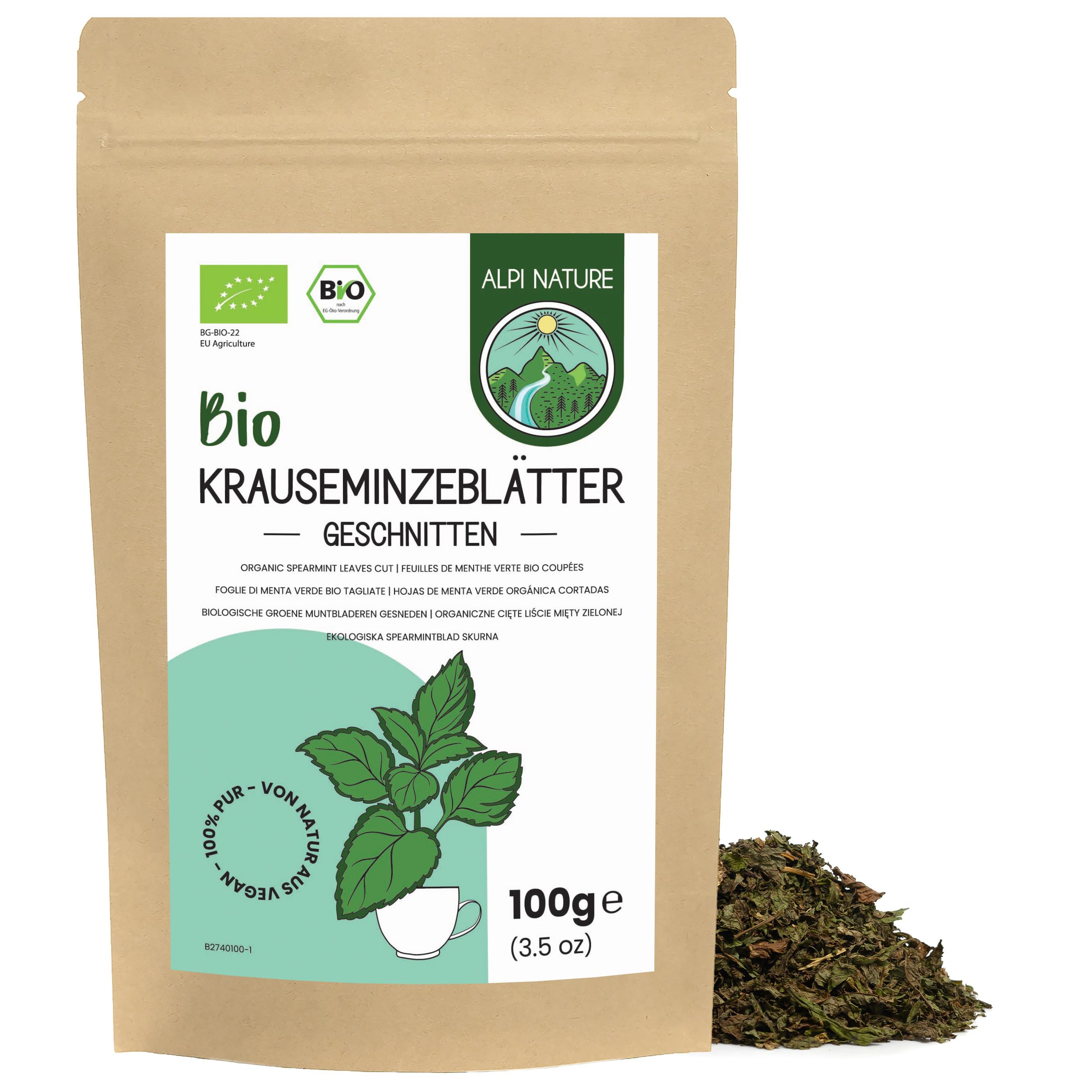 Alpi Nature Krauseminze Tee BIO 100g, bio Krauseminzeblätter geschnitten, Spearmint Tee, Grüne Minze