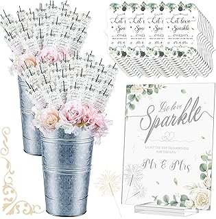 Henoyso Greenery Wedding Sparkler Set, 150 Wedding Sparkler Tags, Let Love Sparkle Wedding Send off Acrylic Sign, 2 Galvanized Metal Buckets for Wedding Table Centerpiece Home Decoration, No Sparklers