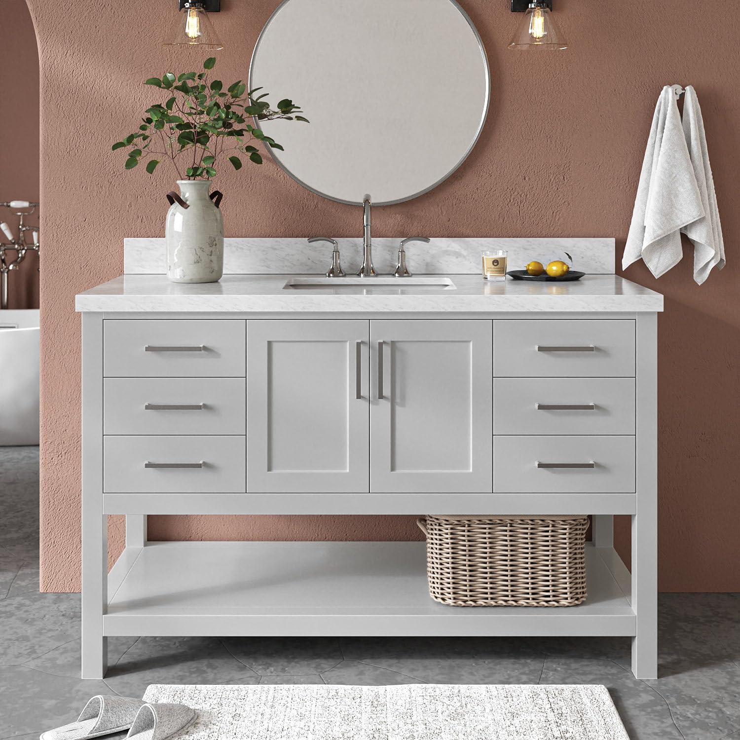 ARIEL Magnolia 54-inch Bathroom Vanity with Sink,Solid Wood, 1.5-inch Italian Carrara Marble Countertop, Single Rectangular Porcelain Sink, 2 Soft Closing Doors, 6 Dovetail Drawers, Grey