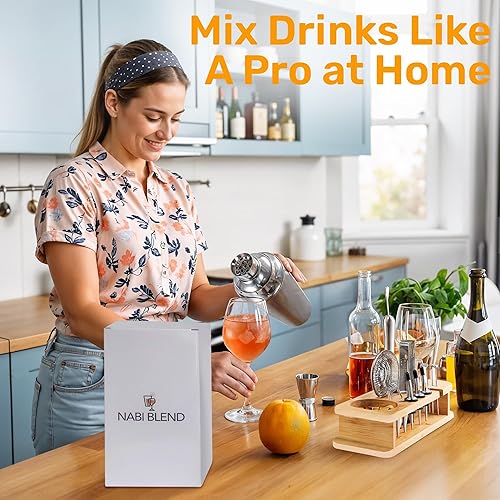 Miniatura 2 de Kit de camarero de 16 piezas con soporte de bambú  Juego de coctelera Herramientas esenciales para bar, coctelera de vino, filtro de hielo, cuchara