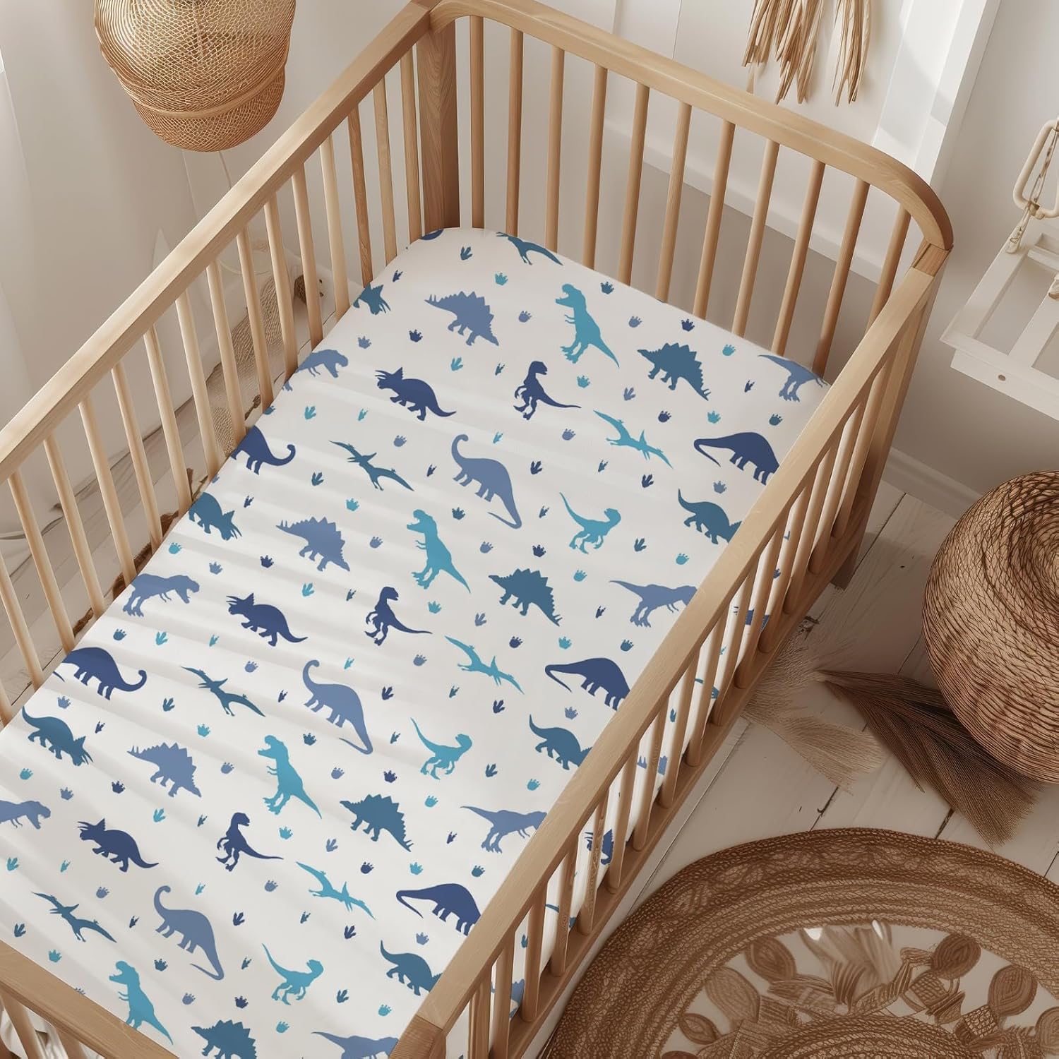 Dinosaur All-in-One Crib Sheet Mattress Protector - Soft & Breathable Baby Bedding - Organic 100% Viscose from Bamboo - Waterproof 5 Layer Protection - Washable - Fits Standard Cribs (52"x28")
