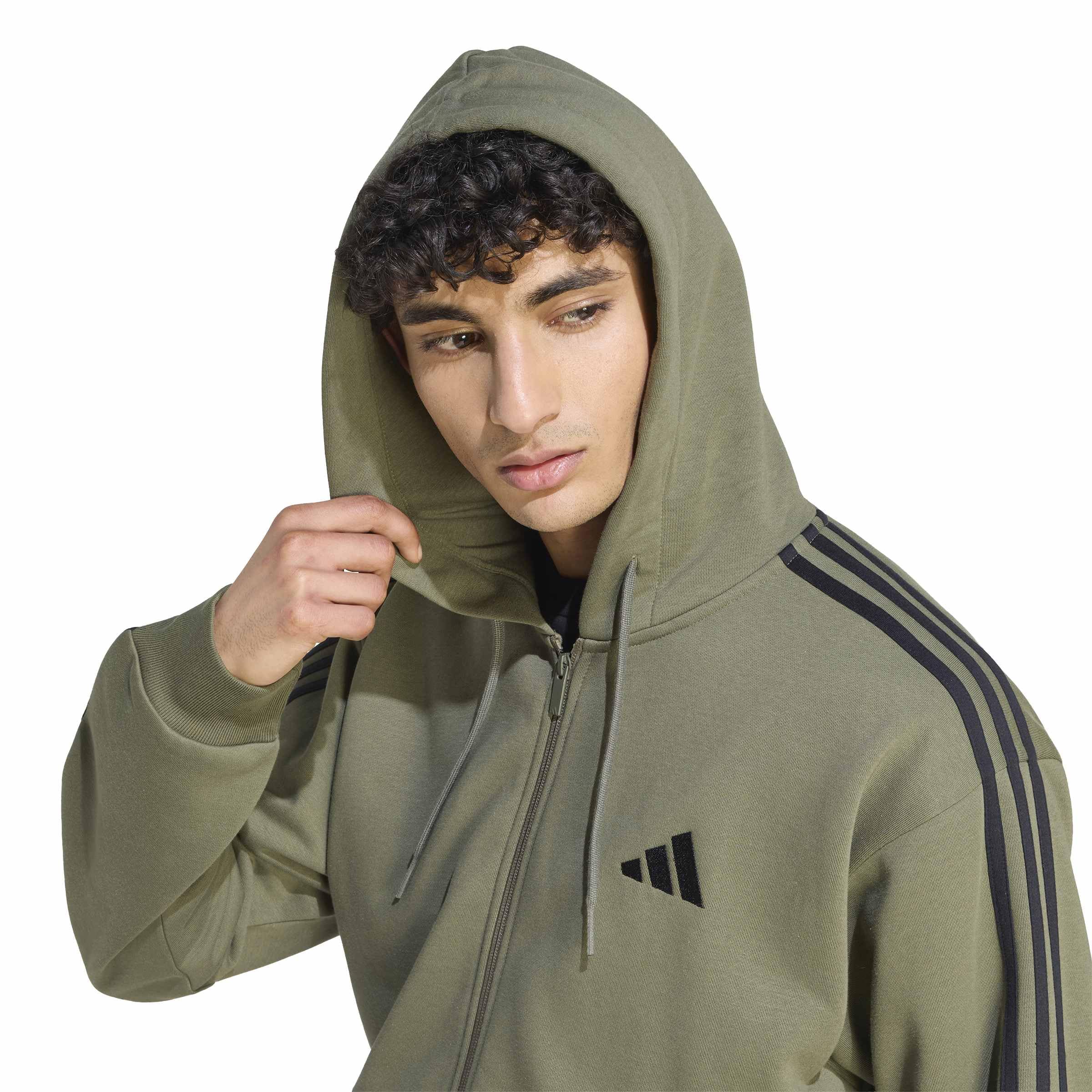 adidas Mezczyzni Essentials 3-Stripes Fleece Full-Zip Hoodie Sweatshirt, Olive Four/black, M