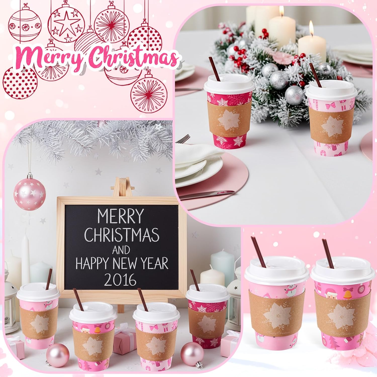 Lallisa 100 Sets Pink Christmas Disposable Coffee Paper Cups Bulk with Lids Sleeves & Straws, 12 oz Xmas Snowman Snowflake Coffee Cups for Hot Cold Cocoa Tea Holiday Party Supplies