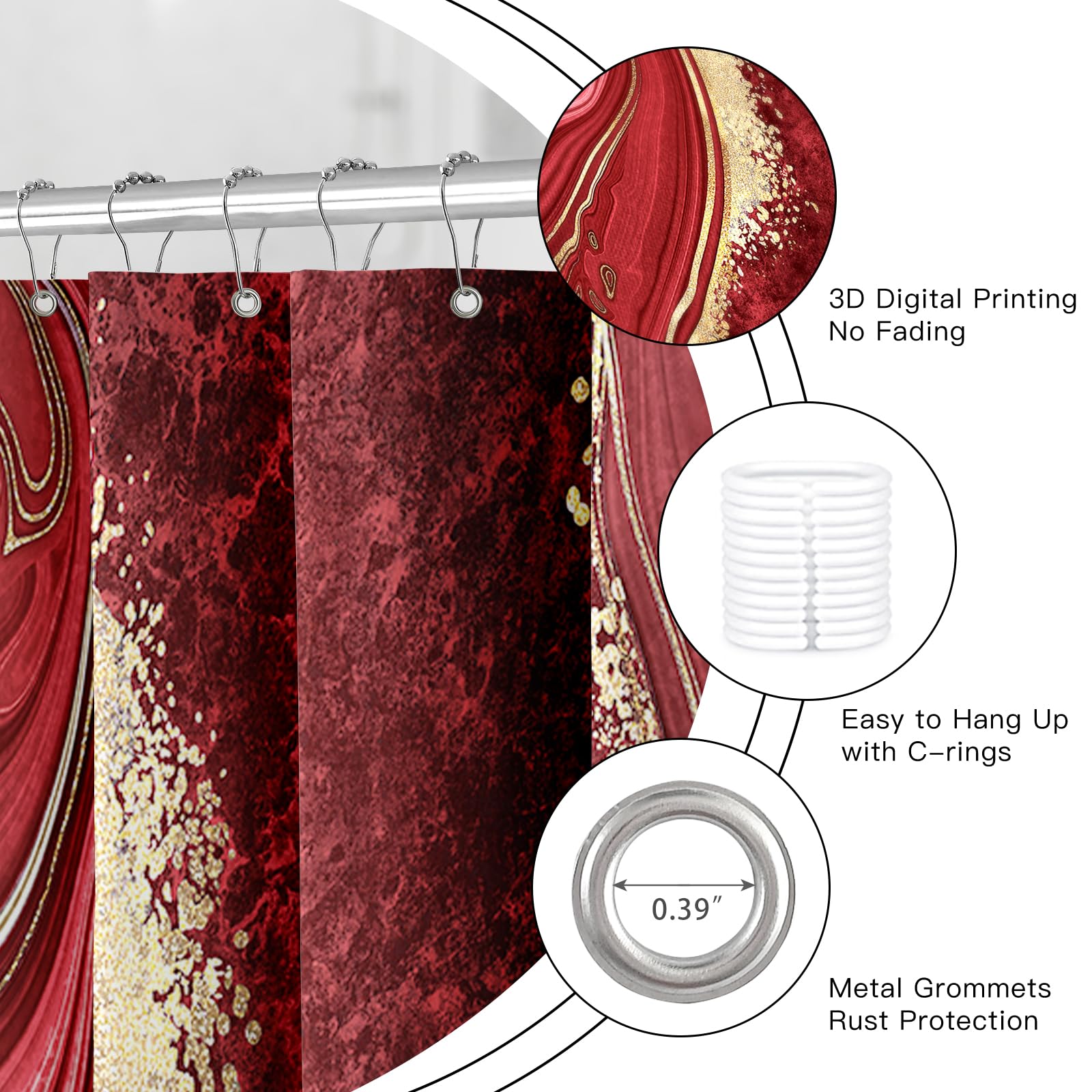 Juego de 4 cortinas de ducha de mármol rojo con alfombras, juegos de baño abstractos con cortina de ducha y alfombras, juego de cortinas de baño modernas con tapa de inodoro, accesorios para 6