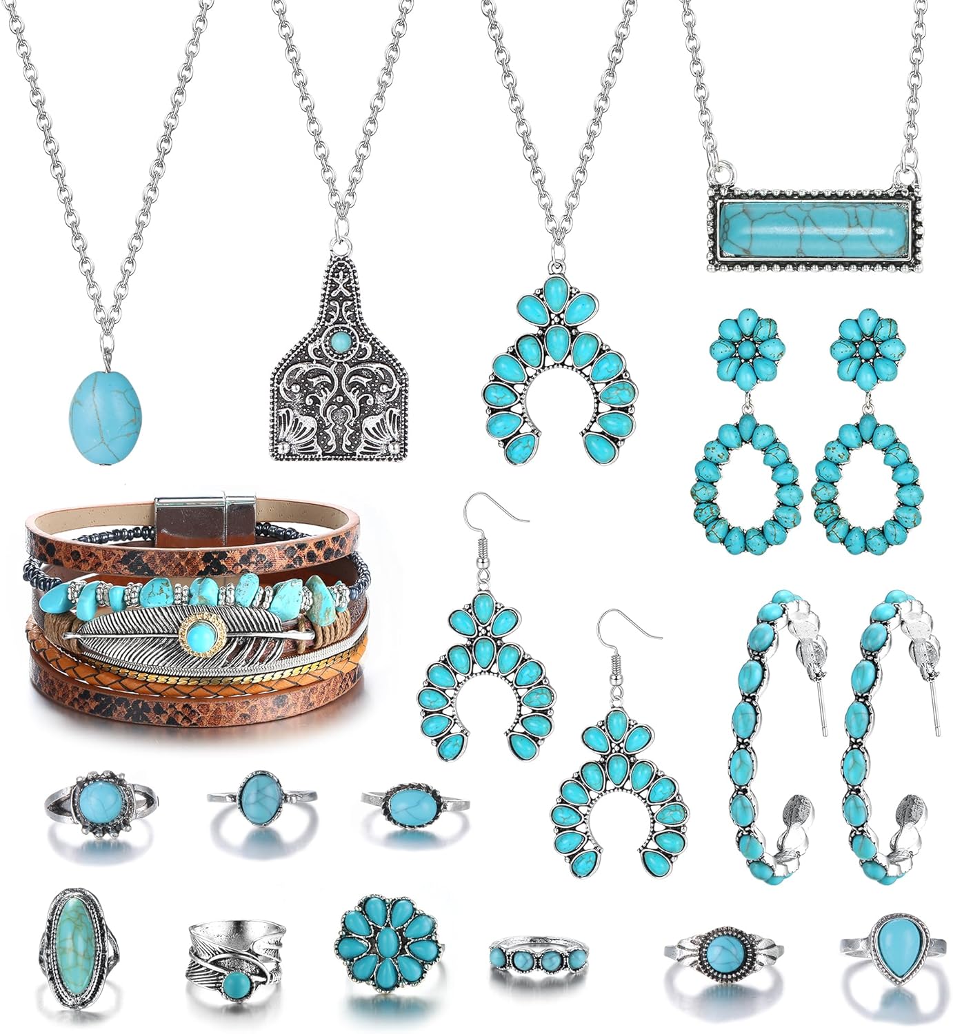 FINREZIO Western Jewelry For Women Turquoise Dangle Earrings Boho Bracelet Turquoise Knuckle Rings Bohemian Jewelry Set