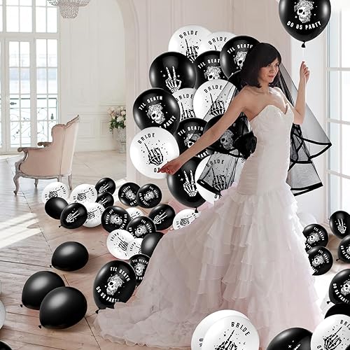 Miniatura 7 de Norme 60 globos de látex de novia o troquel, decoraciones de despedida de soltera en blanco y negro, calavera hasta la muerte, decoración de globos
