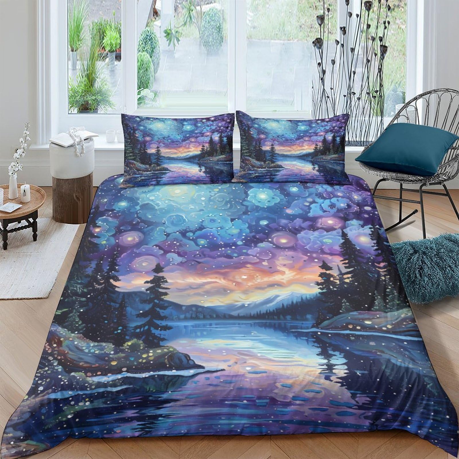 Ctjqhvkz Style-5 3D Printed Sunset Lake Fitted Sheet Microfiber Soft Breathable Forest Sky Mattress Cover For Bedroom Dorm Decor Single（135X200cm）