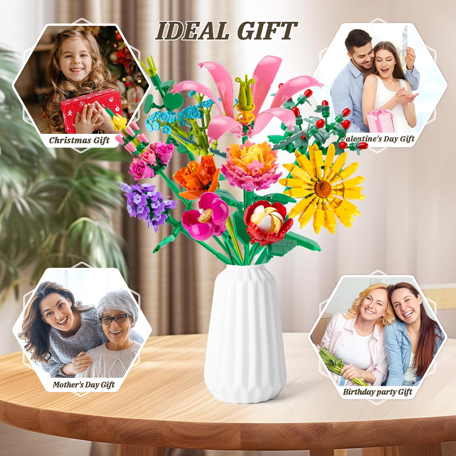 Flower Bouquet Building Set, 756 PCS Flower Botanical Collection Kit, 11 Types Artificial Flower Blocks for Home Office Decor, Creative DIY Craft Gift for Adults, Teens, Girls (Vase Not Included)