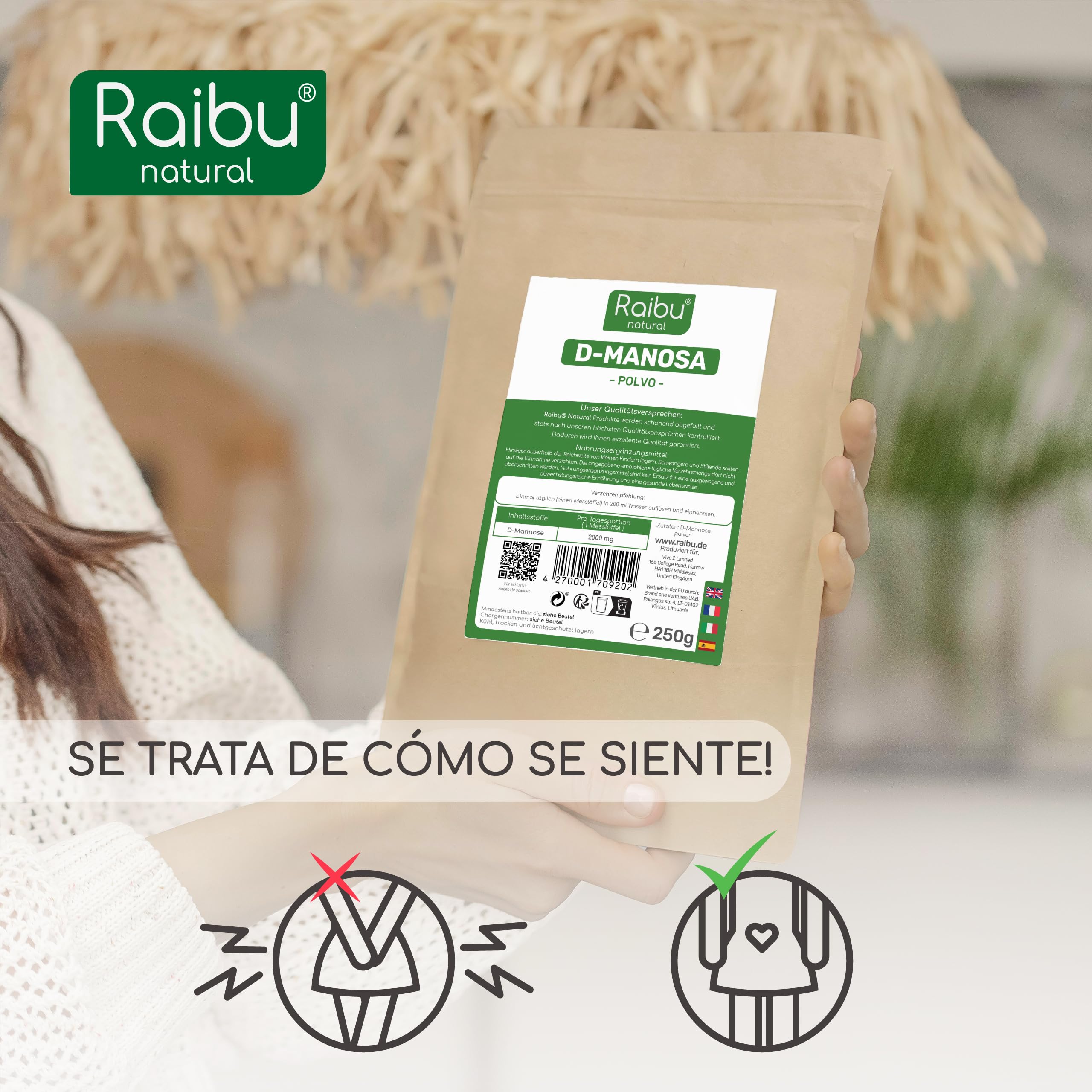 RAIBU Polvo de D Manosa 250g - Polvo de D-Manosa envasado y verificado por laboratorio en Alemania I Natural, Vegano,Sin Aditivos I Incluye Cucharita Dosificadora
