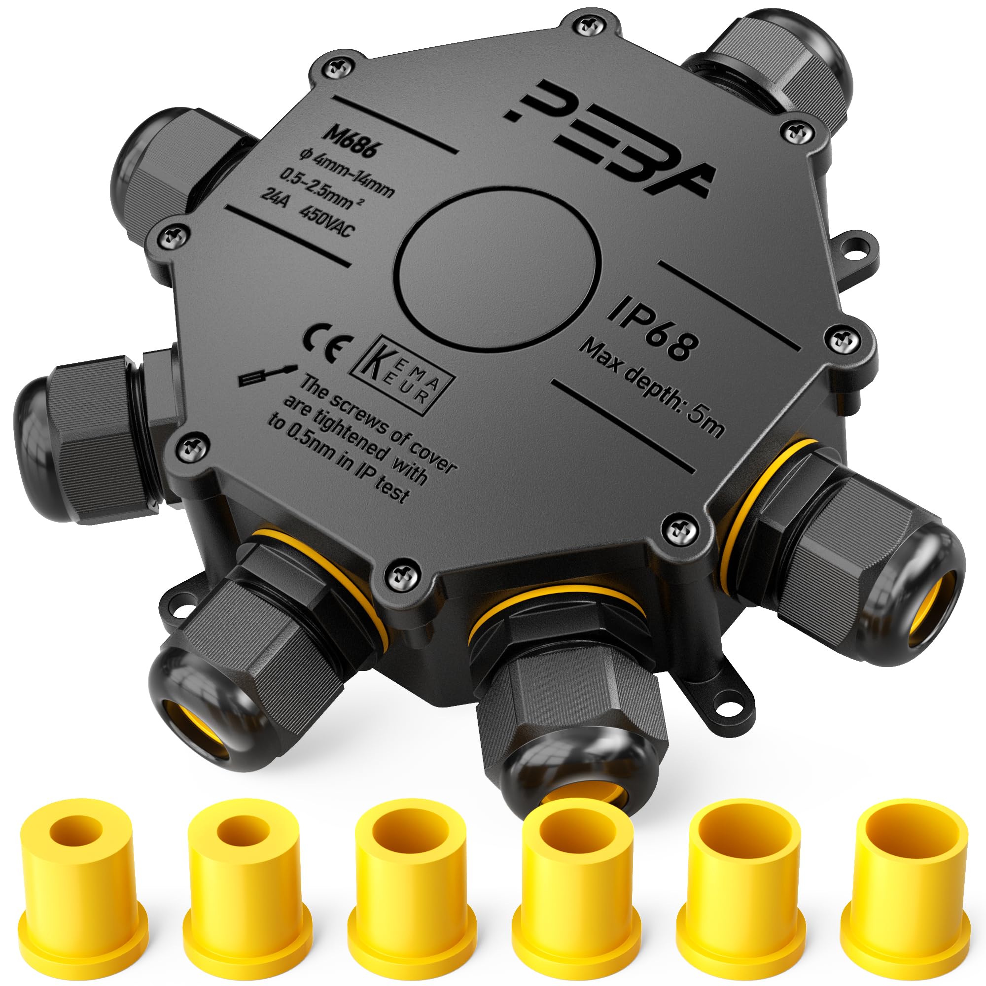 Peba Black Waterproof Junction Box Outdoor Ip68 6-Way Cable Connector External Sleeve Coupler Ø 4Mm-14Mm