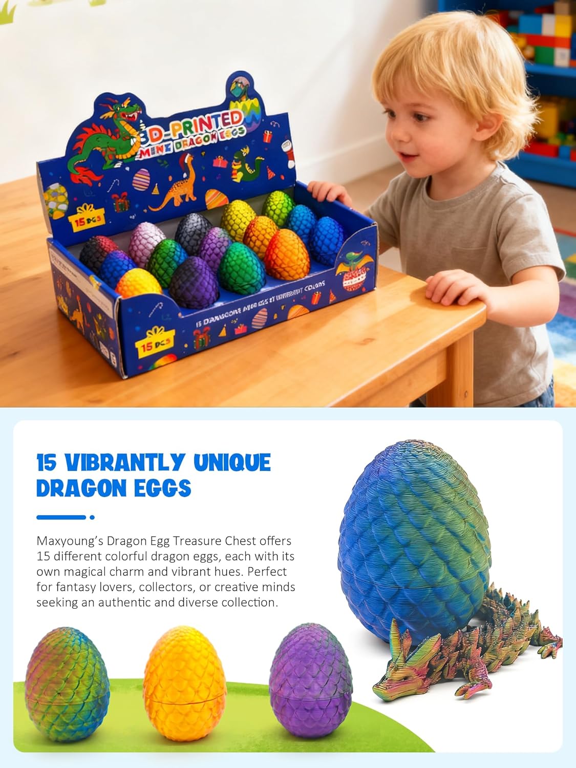 Maxyoung Dragon Egg Treasure Chest - 15 Pcs 3D Printed Colorful Dragon Eggs + Display Stand | Fantasy Gift for Kids & Adults | DIY Decor for Home & Parties (B+C)